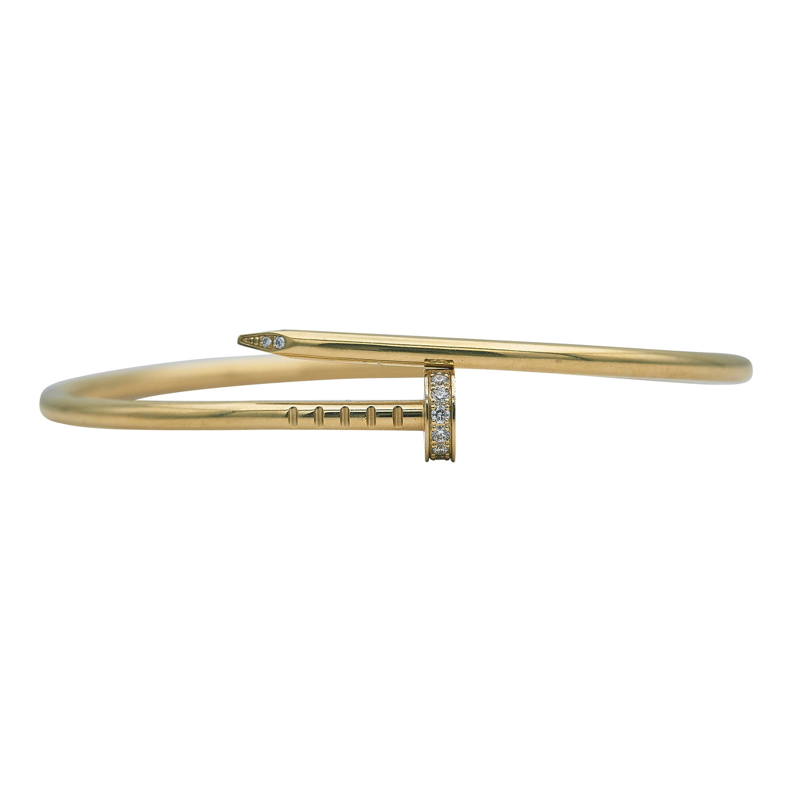 Cartier Juste un Clou Small Model 18K Yellow Gold and Diamond Bracelet: BRAND: Cartier; COLLECTION: Juste un Clou; METAL: 18K Yellow Gold, 18K Yellow Gold; APPROXIMATE TOTAL DIAMOND WEIGHT: 0.18 ctw; STAMPED: © Cartier 16, Serial number, Au750, Maker's Mark; CONDITION: P