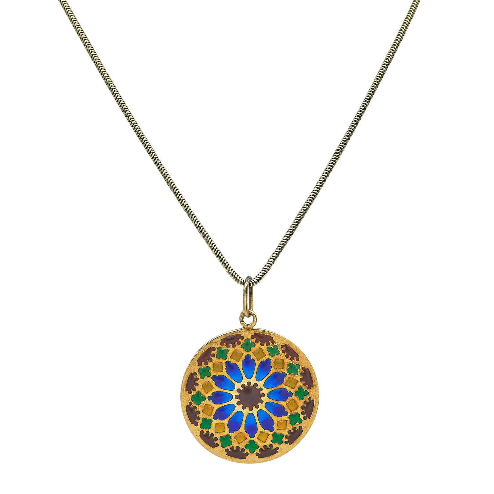 Grosse 14K Yellow Gold Chain With A French 18K Yellow Gold Plique a Jour Enamel Stained Glass Window: METAL: 14K Yellow Gold, 18K Yellow Gold; GEMSTONES: Plique a Jour Enamel; STAMPED: Chain marked: 585, 14K, Maker's Mark, 19, Grosse, 72, Germany, ©; Pendant: with French Eagle's head; TESTED: 14K Yel