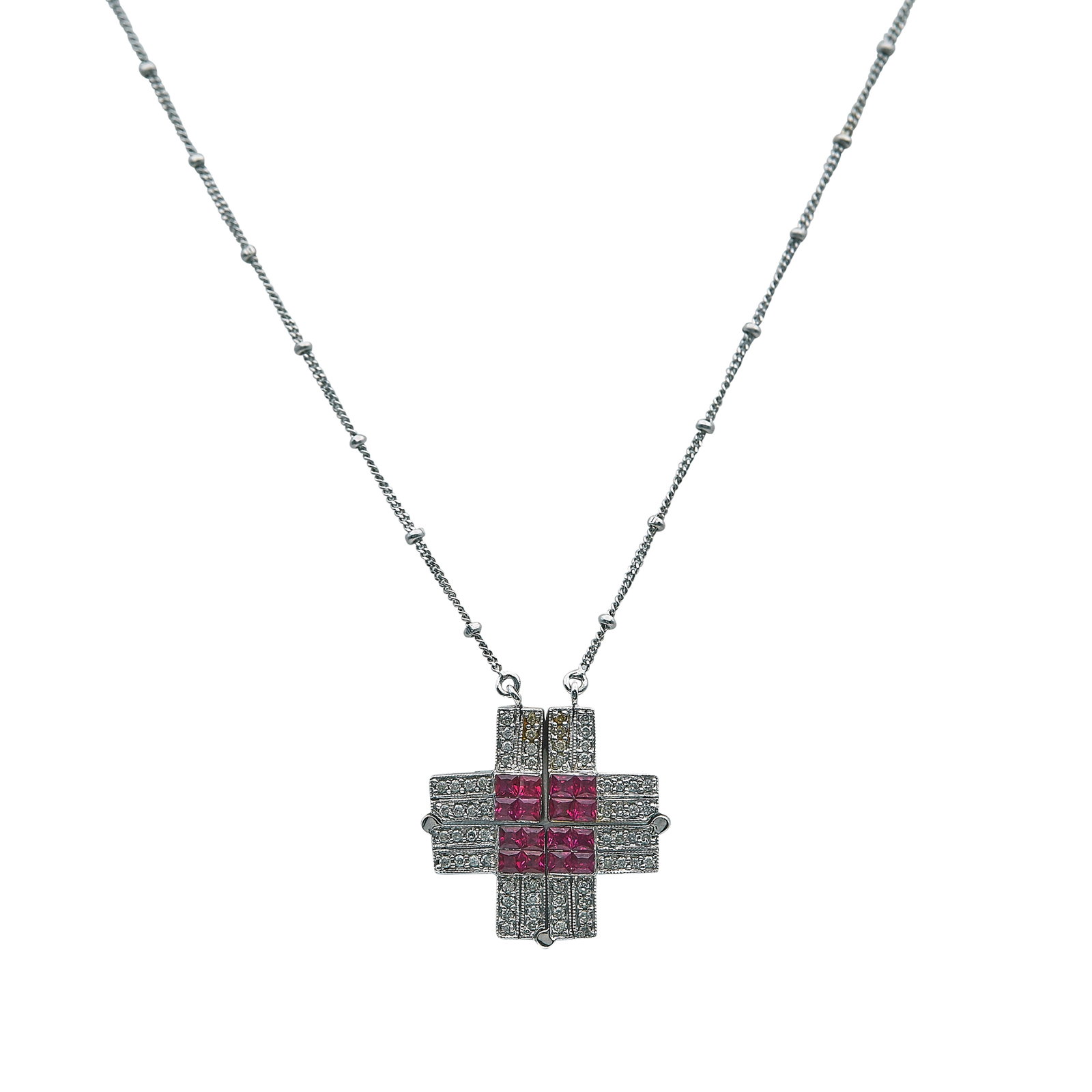 14K White Gold Ruby and Diamond Convertible Pendant Necklace: METAL: 14K White Gold; APPROXIMATE TOTAL DIAMOND WEIGHT: 0.32 ctw; GEMSTONES: Ruby; STAMPED: Clasp marked: 14K, 585, F, Italy; Pendant marked 585; CONDITION: Pre-owned, Very Good; ITEM WEIGHT (GRAMS):