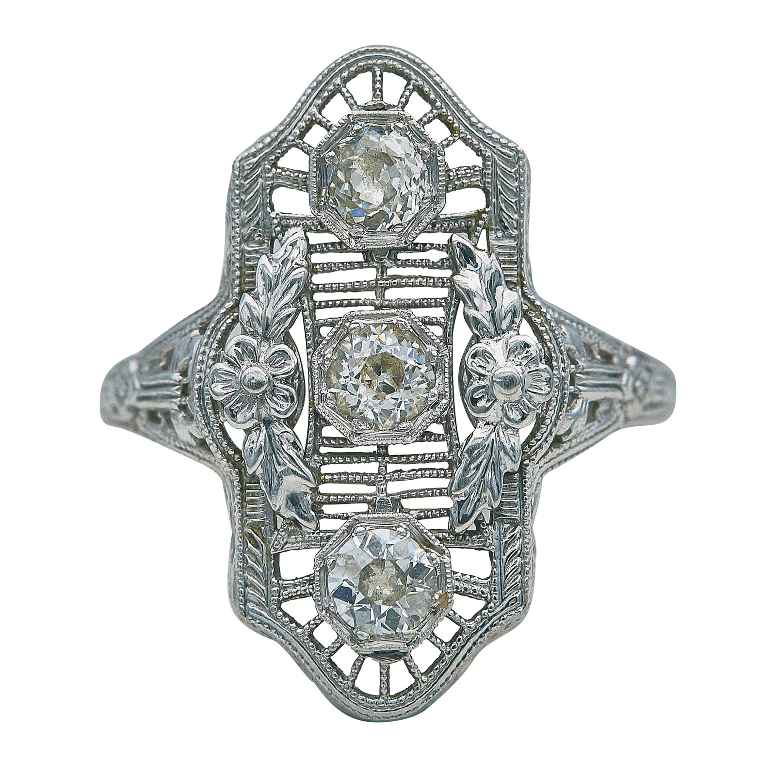 Art Deco 14K White Gold and Old European Cut Diamond Plaque Ring: METAL: 14K White Gold; APPROXIMATE TOTAL DIAMOND WEIGHT: 0.75 ctw; STAMPED: 14K; CONDITION: Pre-owned, Very Good; ITEM WEIGHT (GRAMS): 3.1 g; MEASUREMENTS: Ring size 7 1/4, Center 1 inch long