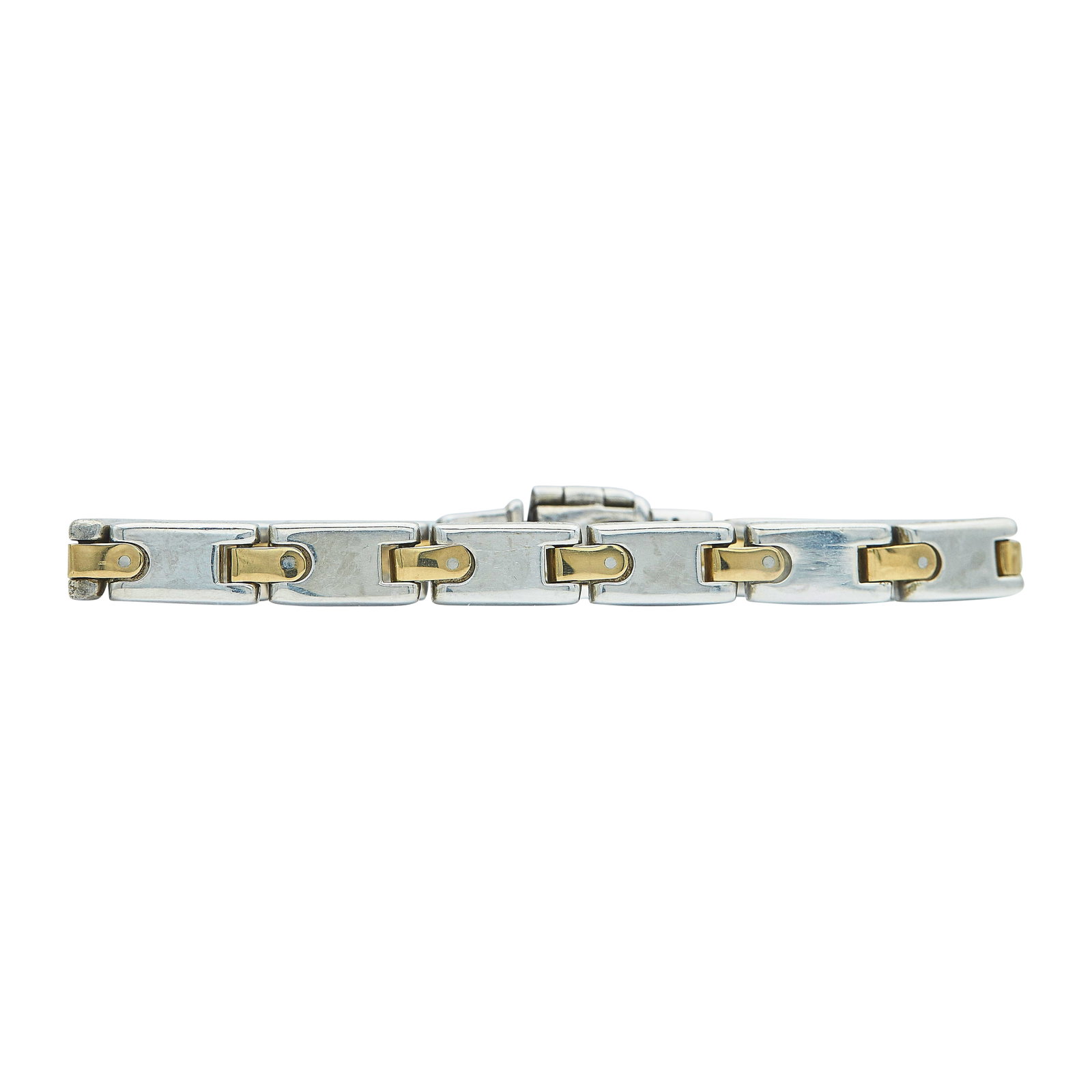 Tiffany & Co. Sterling Silver and 18K Yellow Gold Link Bracelet: BRAND: Tiffany & Co.; METAL: Silver/18K Yellow Gold; STAMPED: Tiffany & Co., 925, ITALY, 750; CONDITION: Pre-owned, Good; ITEM WEIGHT (GRAMS): 38.8 g; MEASUREMENTS: Bracelet 6 7/8 inches long