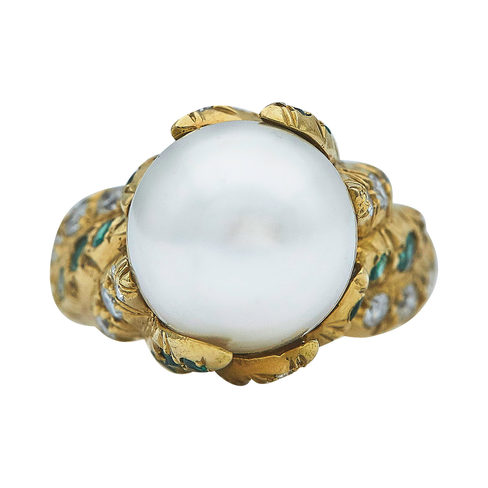 18K Yellow Gold Pearl, Diamond and Emerald Ring (1 of 3)