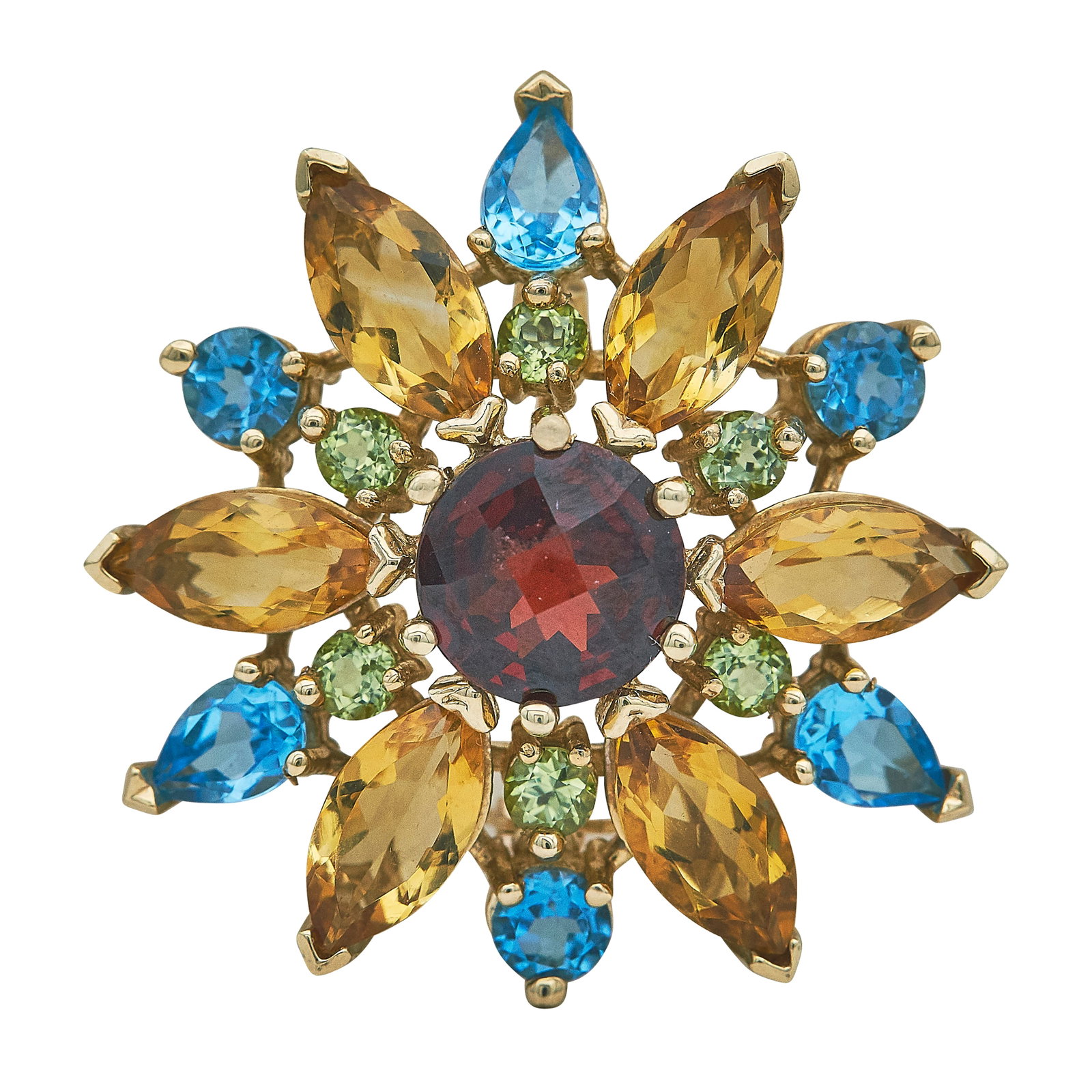 14K Yellow Gold Garnet, Citrine, Peridot, and Topaz Flower Pin Brooch: METAL: 14K Yellow Gold; GEMSTONES: Garnet approx. 2.30 carats, Weight estimated by formula, Citrine, Peridot, and Topaz; STAMPED: 14K, EMA; CONDITION: Pre-owned, Very Good; ITEM WEIGHT (GRAMS): 10 g; 