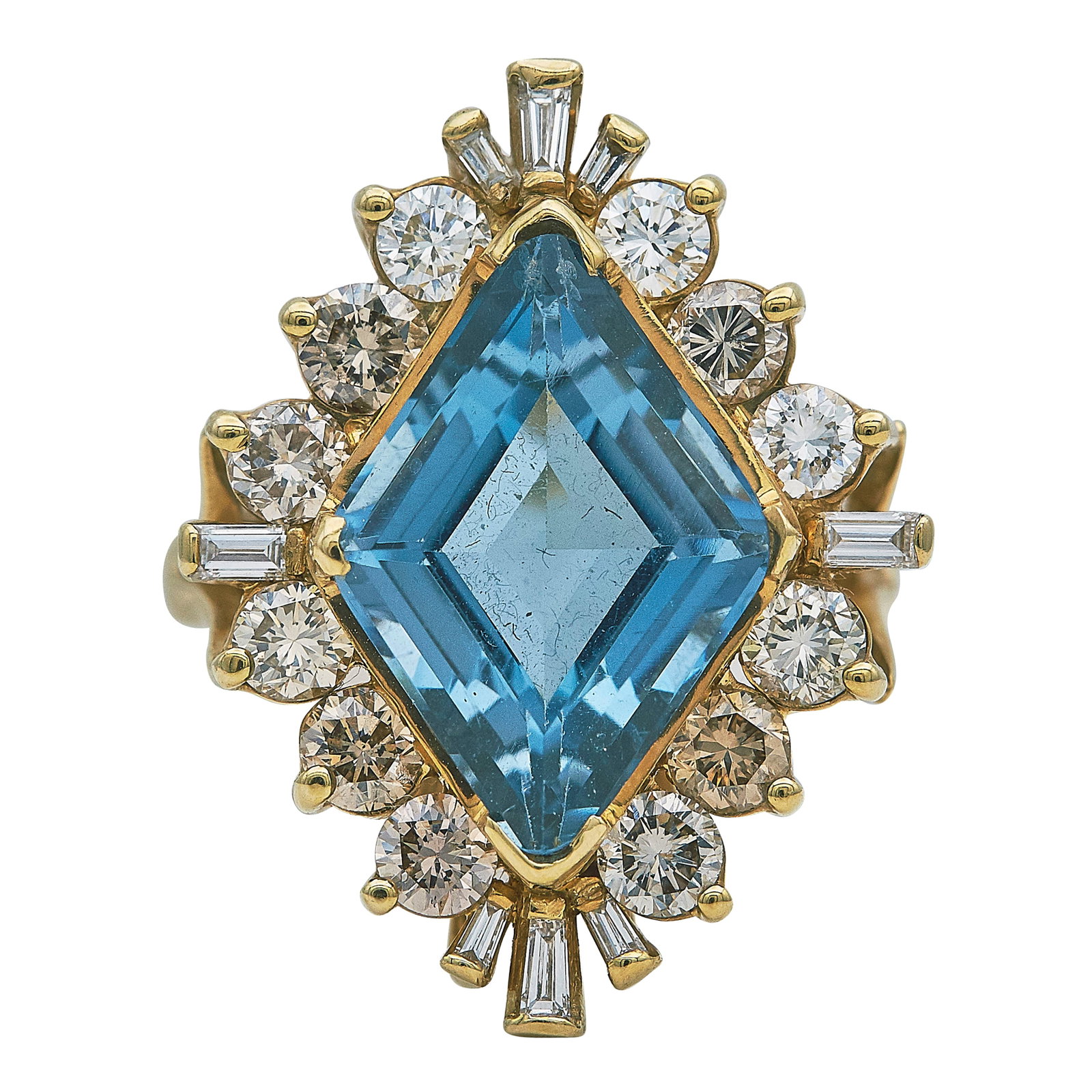 14K Yellow Gold, Blue Topaz, and Diamond Cocktail Ring: METAL: 14K Yellow Gold; APPROXIMATE TOTAL DIAMOND WEIGHT: 2.50 ctw; GEMSTONES: Blue Topaz approx. 18.50 mm x 12.70 mm; STAMPED: 14K, maker's mark; CONDITION: Pre-owned, Very Good; ITEM WEIGHT (GRAMS):