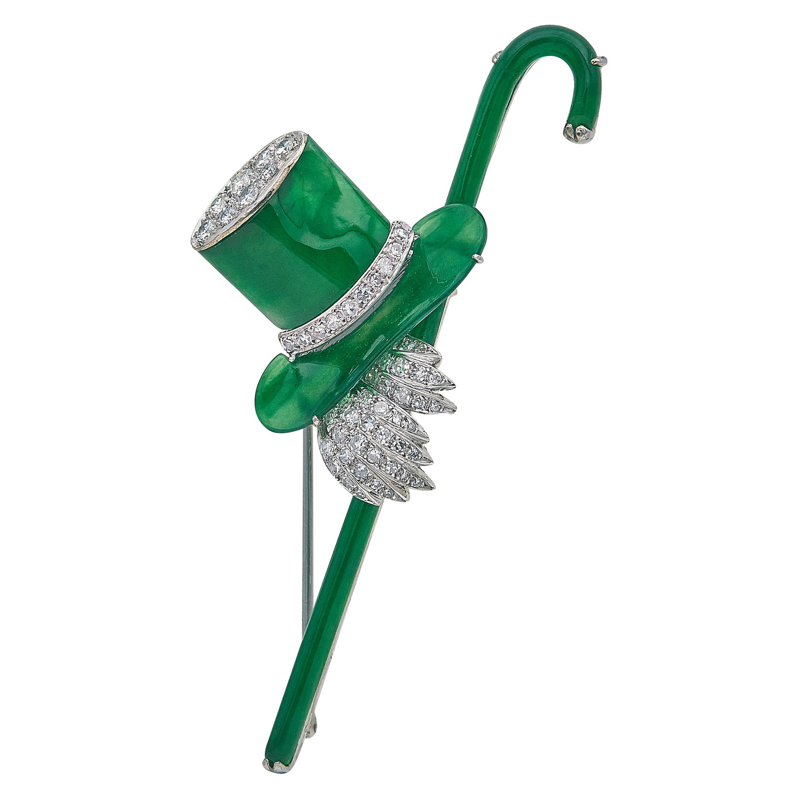 14K White Gold Jade, and Diamond Top Hat and Cane Brooch: METAL: 14K White Gold; APPROXIMATE TOTAL DIAMOND WEIGHT: 0.64 ctw; GEMSTONES: Jade; TESTED: 14K White Gold; CONDITION: Pre-owned, Good; ITEM WEIGHT (GRAMS): 13.5 g; MEASUREMENTS: Brooch 2 15/16 inches