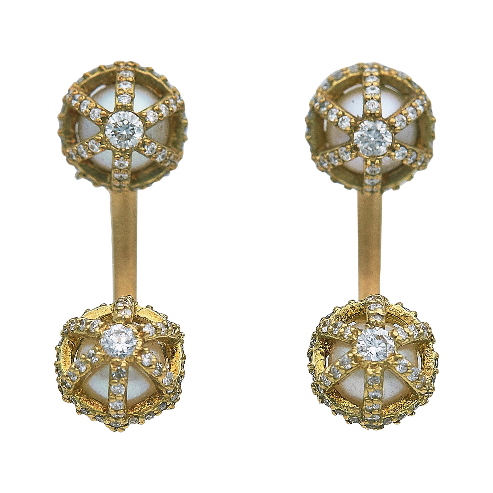 18K Yellow Gold, Pearl, and Diamond Day-to-Night Drop Earrings: METAL: 18K Yellow Gold; APPROXIMATE TOTAL DIAMOND WEIGHT: 0.74 ctw; STAMPED: 750; CONDITION: Pre-owned, Good; ITEM WEIGHT (GRAMS): 7.65 g; MEASUREMENTS: Earrings 1 1/16 inch long with removeable drops