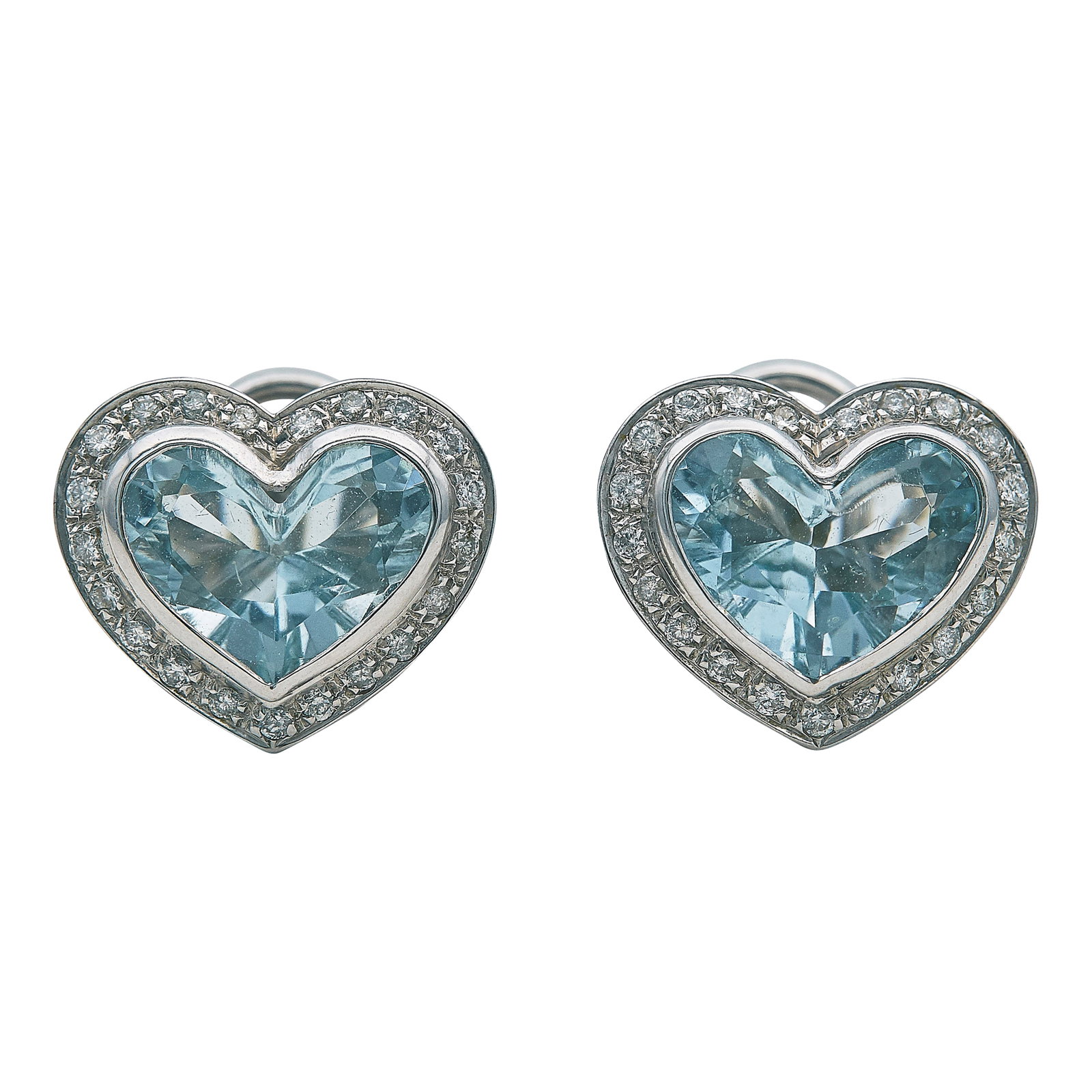 18K White Gold Aquamarine and Diamond Heart Earrings: METAL: 18K White Gold; APPROXIMATE TOTAL DIAMOND WEIGHT: 0.66 ctw; GEMSTONES: Aquamarines approx. total weight 5.76 carats, Weight estimated by formula; STAMPED: 750, Italian Registry Mark; CONDITION: