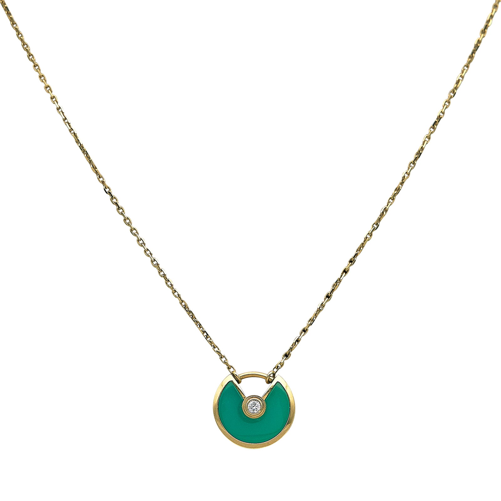 Cartier Amulette 18K Yellow Gold Chrysoprase and Diamond Pendant Necklace: BRAND: Cartier; COLLECTION: Amulette; METAL: 18K Yellow Gold; APPROXIMATE TOTAL DIAMOND WEIGHT: 0.03 ctw; GEMSTONES: Chrysoprase; STAMPED: © Cartier, Au750, 750, serial number, maker's mark; CONDITIO