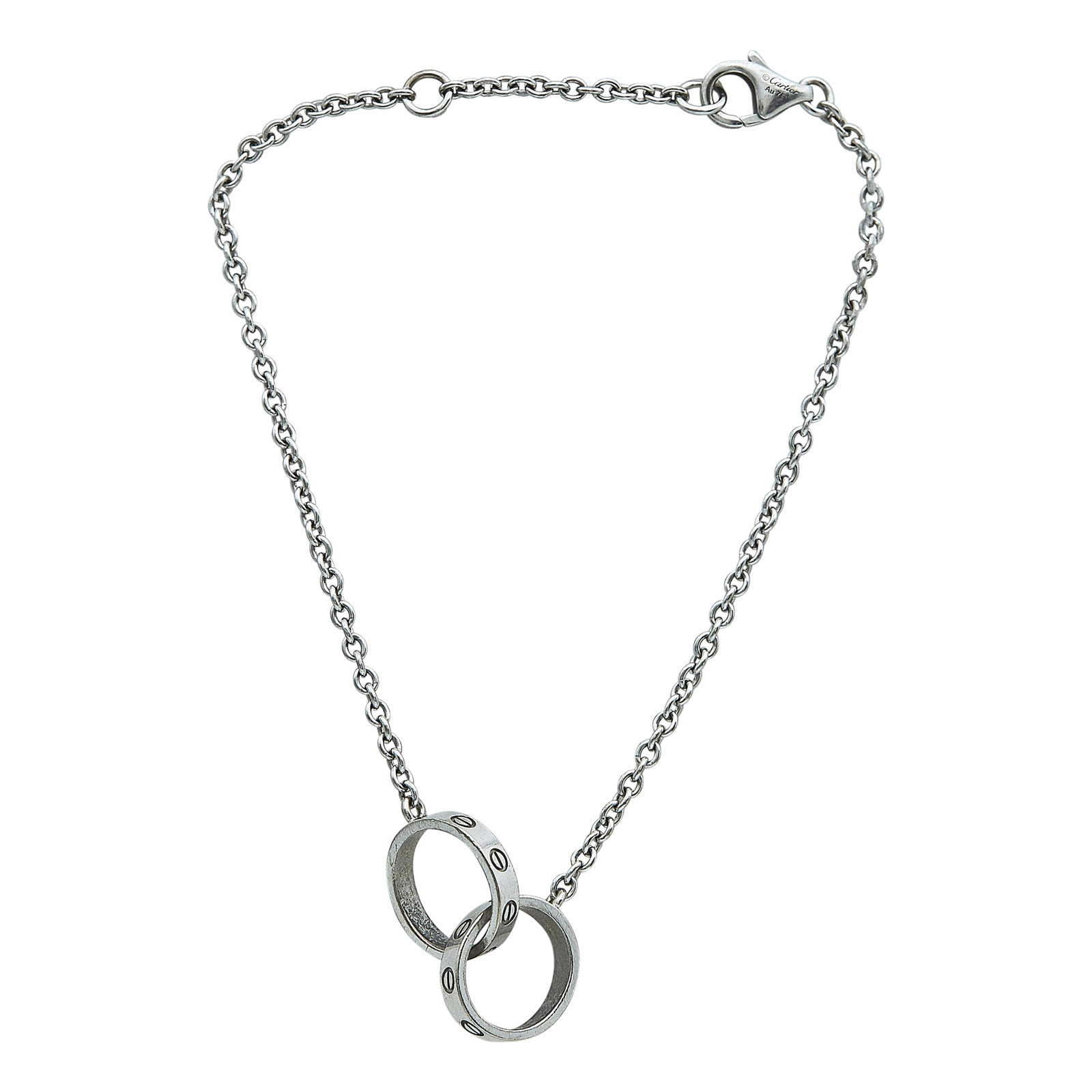 Cartier Love on Chain 18K White Gold Bracelet: BRAND: Cartier; COLLECTION: Love; METAL: 18K White Gold; STAMPED: © Cartier, Au750, Italian Workshop Mark, serial number; CONDITION: Pre-owned, Good; ITEM WEIGHT (GRAMS): 4.4 g; MEASUREMENTS: Bracele