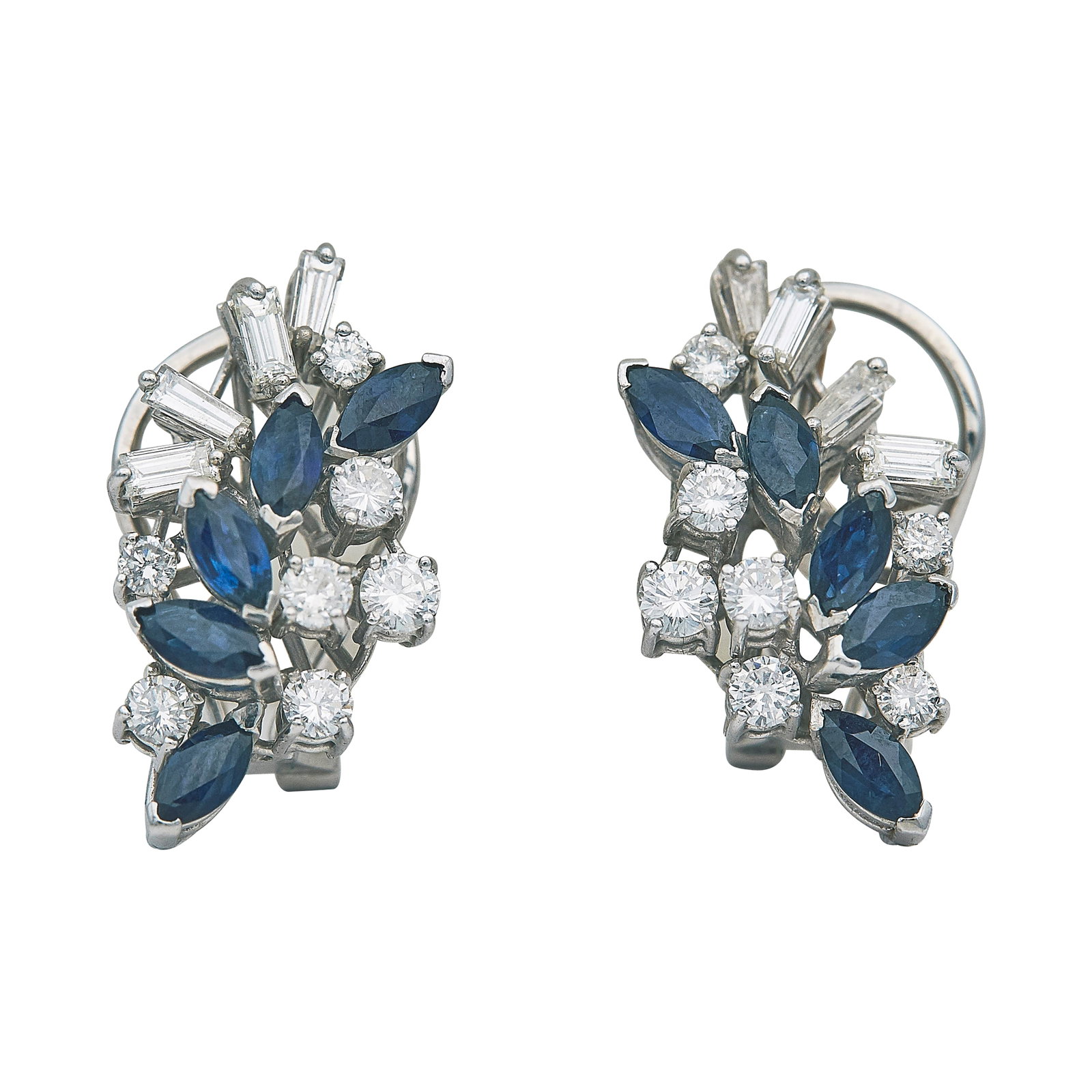 18K White Gold Sapphire and Diamond Earrings: METAL: 18K White Gold; APPROXIMATE TOTAL DIAMOND WEIGHT: 1.92 ctw; GEMSTONES: Sapphires; TESTED: 18K White Gold; CONDITION: Pre-owned, Good; ITEM WEIGHT (GRAMS): 11.7 g; MEASUREMENTS: Earrings 1 inch 