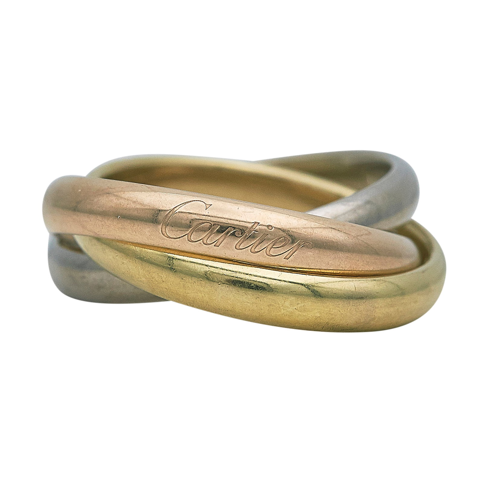 Cartier Trinity 18K Tri-Color Gold Rolling Band Ring: BRAND: Cartier; COLLECTION: Trinity; METAL: 18K Tri-Color; STAMPED: © Cartier, , 51, serial, number, Au 750, Maker's mark; CONDITION: Pre-owned, Very Good; ITEM WEIGHT (GRAMS): 10.1 g; MEASUREMENTS: 