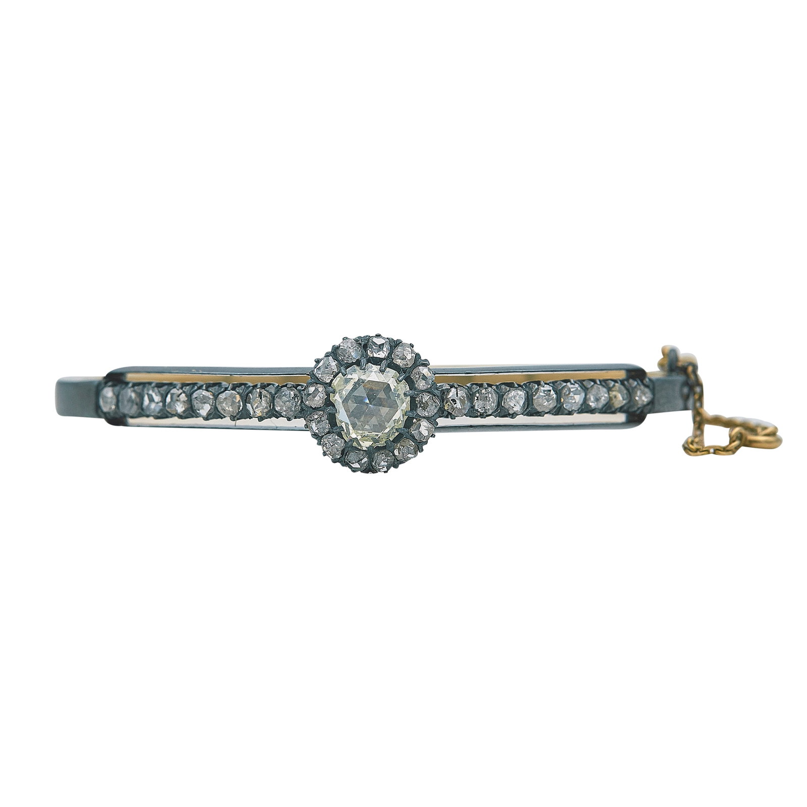 Antique Silver Topped 18K Yellow Gold Rose-Cut Diamond Bracelet: METAL: 18K Yellow Gold/Silver; TESTED: 18K Yellow Gold/Silver; CONDITION: Pre-owned, Good; ITEM WEIGHT (GRAMS): 16.8 g; MEASUREMENTS: Bracelet interior width 2 5/16 inches; ADDITIONAL COMMENTS: Rose c