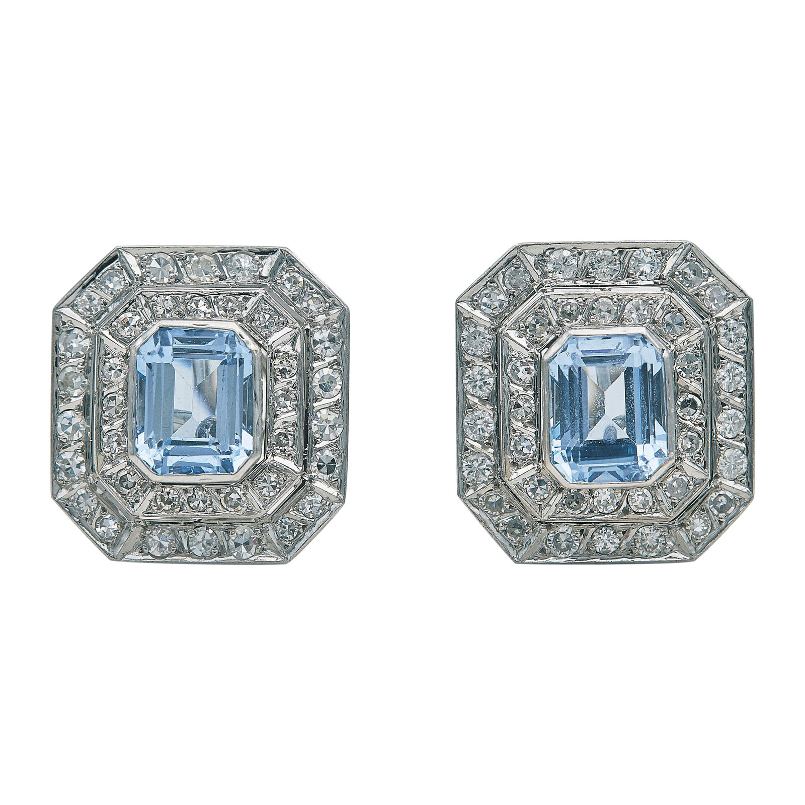 18K White Gold Synthetic Spinel and Diamond Earrings: METAL: 18K White Gold; APPROXIMATE TOTAL DIAMOND WEIGHT: 1.75 ctw; GEMSTONES: Synthetic spinels approx. total weight 7.00 carats, Weight estimated by formula, Synthetic spinels with abraded facet edge
