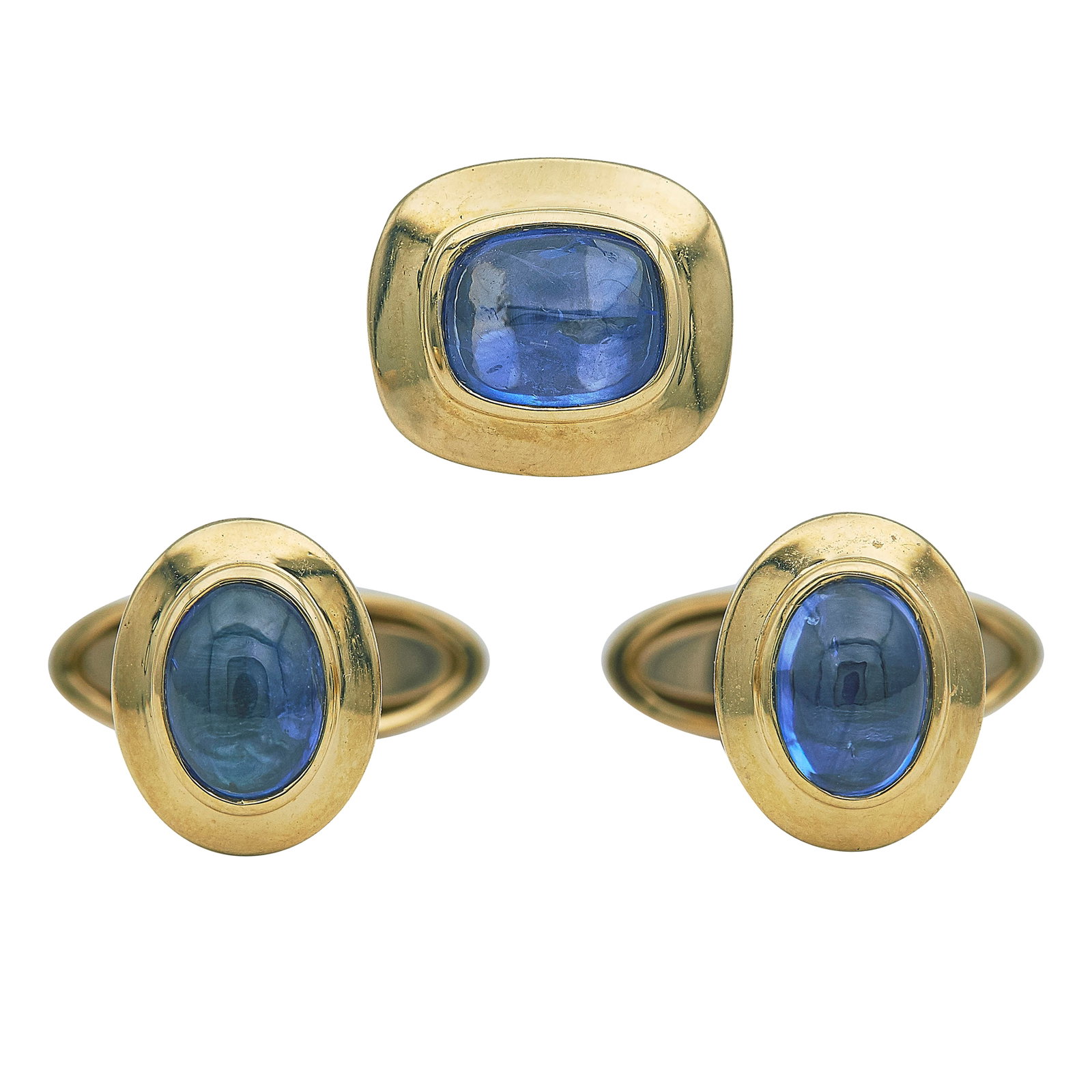 18K Yellow Gold Cabochon Sapphire Cufflink and Tie Pin Set: METAL: 18K Yellow Gold; GEMSTONES: Tie Pin Sapphire approx. 7.80 mm x 5.50 mm, Cufflink Sapphire approx. 6.00 mm x 5.00 mm; STAMPED: 750, numbers; CONDITION: Pre-owned, Very Good; ITEM WEIGHT (GRAMS):