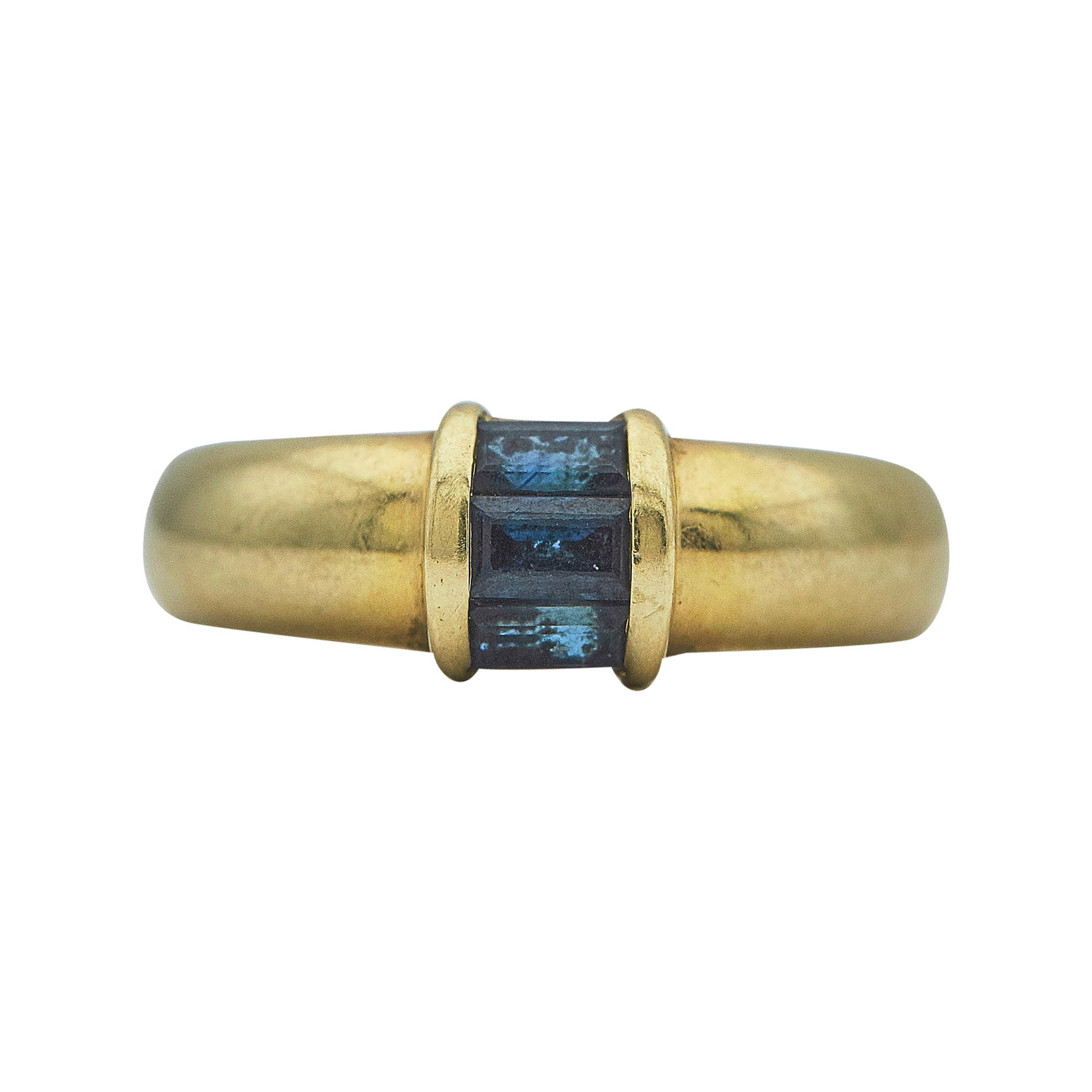 Tiffany & Co. 18K Yellow Gold and Sapphire Ring: BRAND: Tiffany & Co.; METAL: 18K Yellow Gold; GEMSTONES: Sapphire; STAMPED: Tiffany & Co., 750; CONDITION: Pre-owned, Good; ITEM WEIGHT (GRAMS): 3.8 g; MEASUREMENTS: Ring size 5 3/4