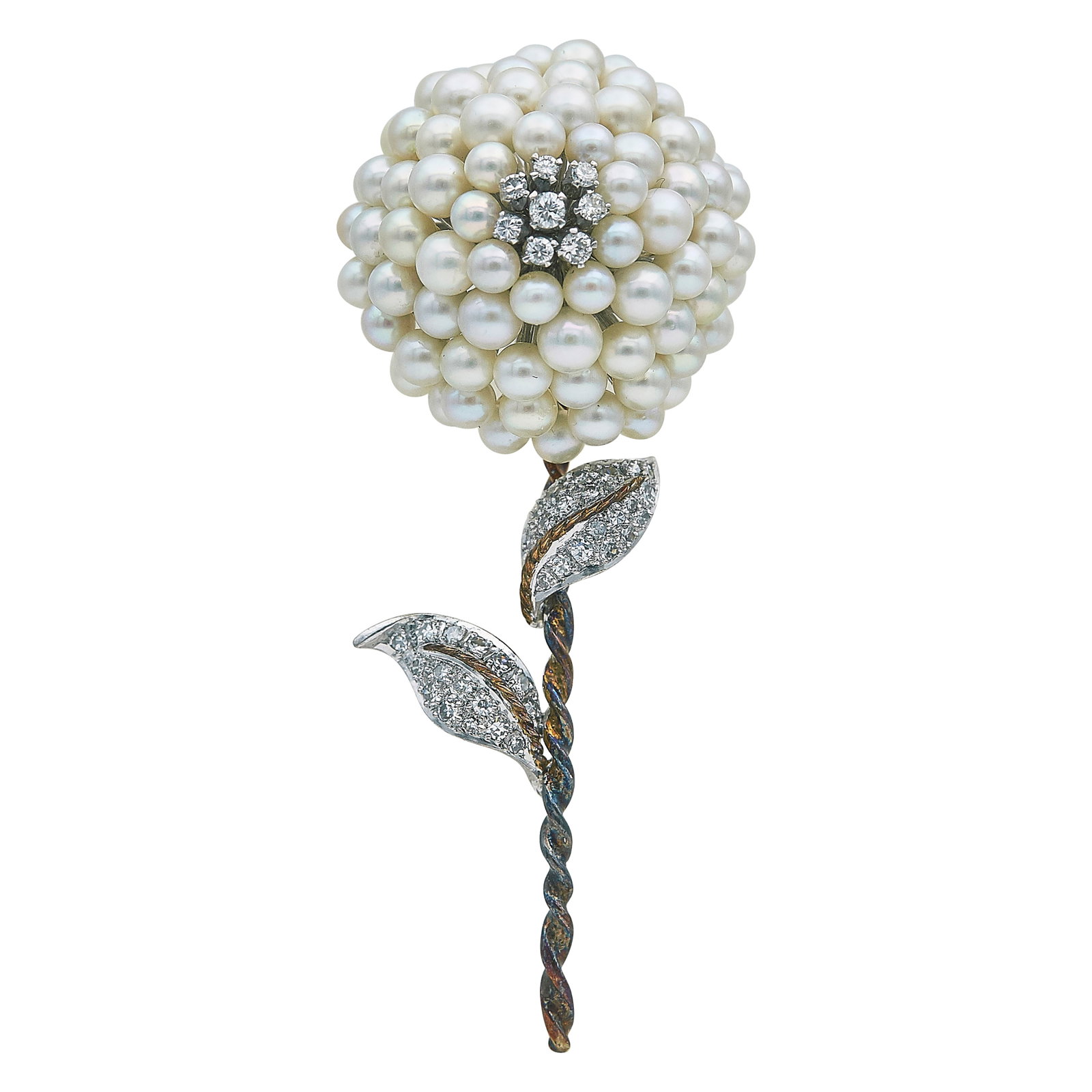 14K White and Yellow Gold Pearl and Diamond Flower Brooch: METAL: 14K Yellow Gold/White Gold; APPROXIMATE TOTAL DIAMOND WEIGHT: 0.79 ctw; GEMSTONES: Pearls; STAMPED: 14K; TESTED: 14K Yellow Gold/White Gold; CONDITION: Pre-owned, Good; ITEM WEIGHT (GRAMS): 20.