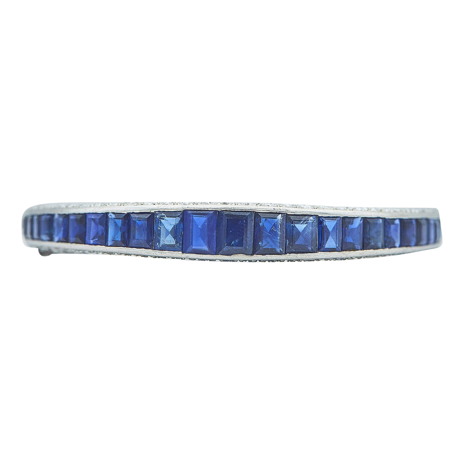 Platinum Sapphire and Diamond Tapered Hinged Bangle Bracelet: METAL: Platinum; APPROXIMATE TOTAL DIAMOND WEIGHT: 5.28 ctw; GEMSTONES: Sapphire; STAMPED: PT; CONDITION: Pre-owned, Very Good; ITEM WEIGHT (GRAMS): 16.5 g; MEASUREMENTS: Bracelet circumference approx
