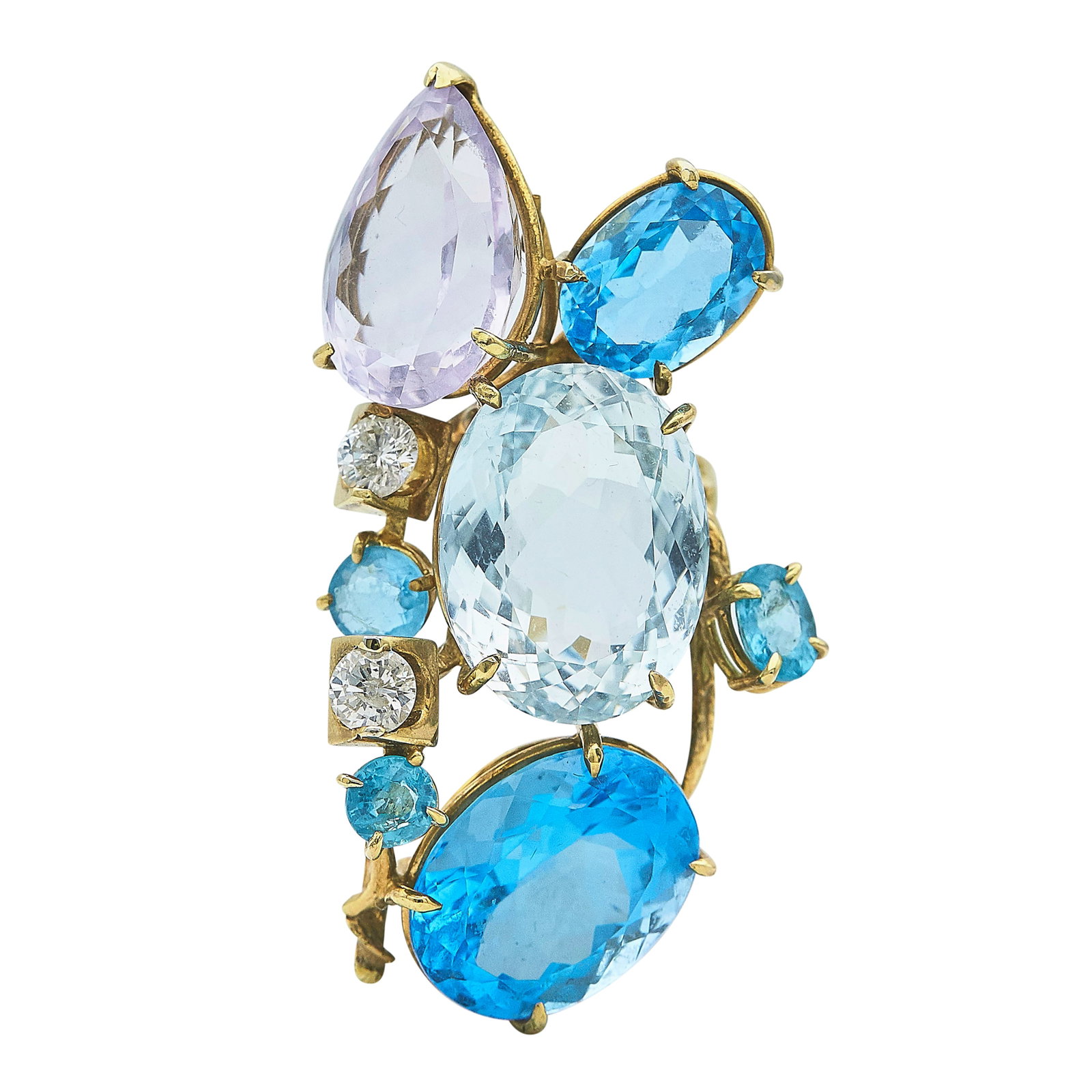 14K Yellow Gold Multi-Colored Gemstone and Diamond Ring: METAL: 14K Yellow Gold; APPROXIMATE TOTAL DIAMOND WEIGHT: 1.22 ctw; GEMSTONES: Multi-Colored Gemstones; STAMPED: 14K; CONDITION: Pre-owned, Good; ITEM WEIGHT (GRAMS): 33 g; MEASUREMENTS: Ring size 7 3