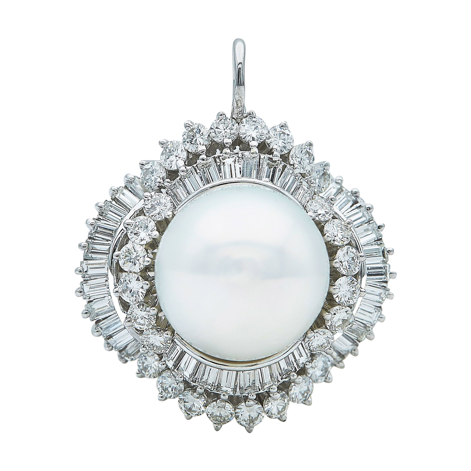 14K White Gold Pearl and Diamond Pendant: METAL: 14K White Gold; APPROXIMATE TOTAL DIAMOND WEIGHT: 2.65 ctw; GEMSTONES: Pearl approx. 14.00mm in diameter; STAMPED: 585; CONDITION: Pre-owned, Very Good; ITEM WEIGHT (GRAMS): 11.3 g; MEASUREMENT