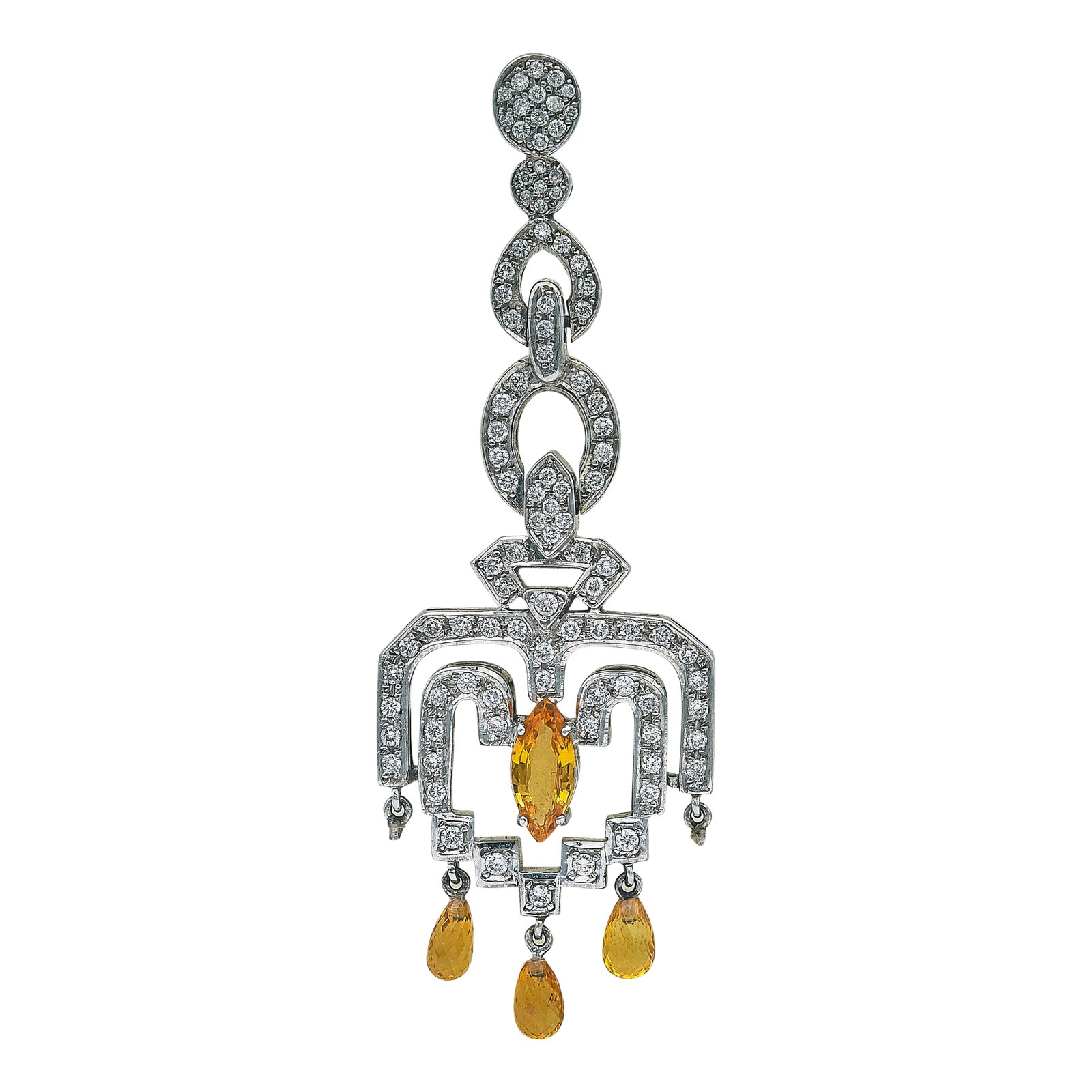 18K White Gold Diamond and Citrine Geometric Pendant: METAL: 18K White Gold; APPROXIMATE TOTAL DIAMOND WEIGHT: 0.92 ctw; GEMSTONES: Citrine; TESTED: 18K White Gold; CONDITION: Pre-owned, Fair; ITEM WEIGHT (GRAMS): 11.6 g; MEASUREMENTS: Pendant 2 7/8 inch