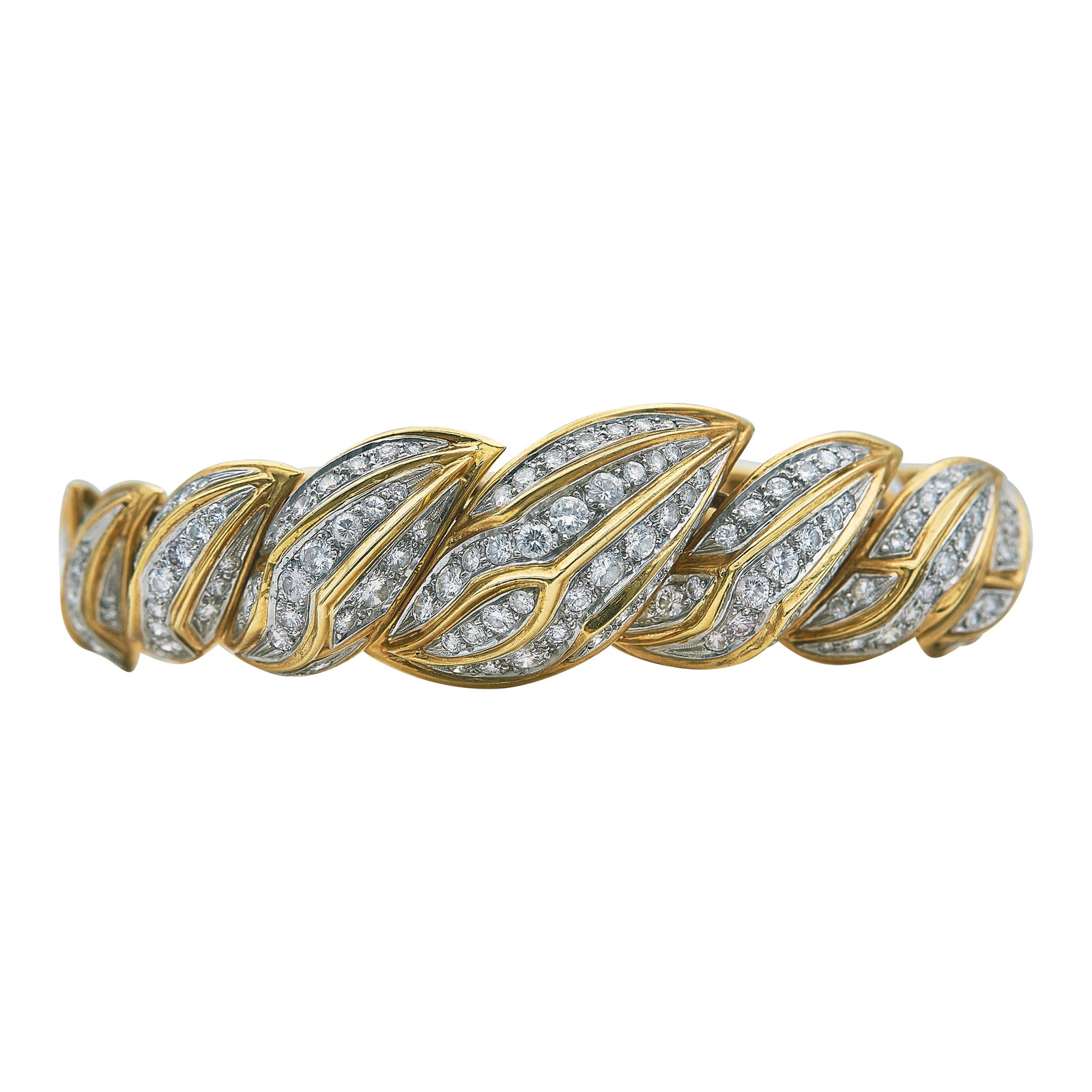 Modele Sterlé 18K Yellow Gold and Diamond Link Bracelet: BRAND: Sterlé; METAL: 18K Yellow Gold; APPROXIMATE TOTAL DIAMOND WEIGHT: 12 ctw; STAMPED: 18K, Modele Sterle Paris; CONDITION: Pre-owned, Very Good; ITEM WEIGHT (GRAMS): 54.1 g; MEASUREMENTS: Bracele
