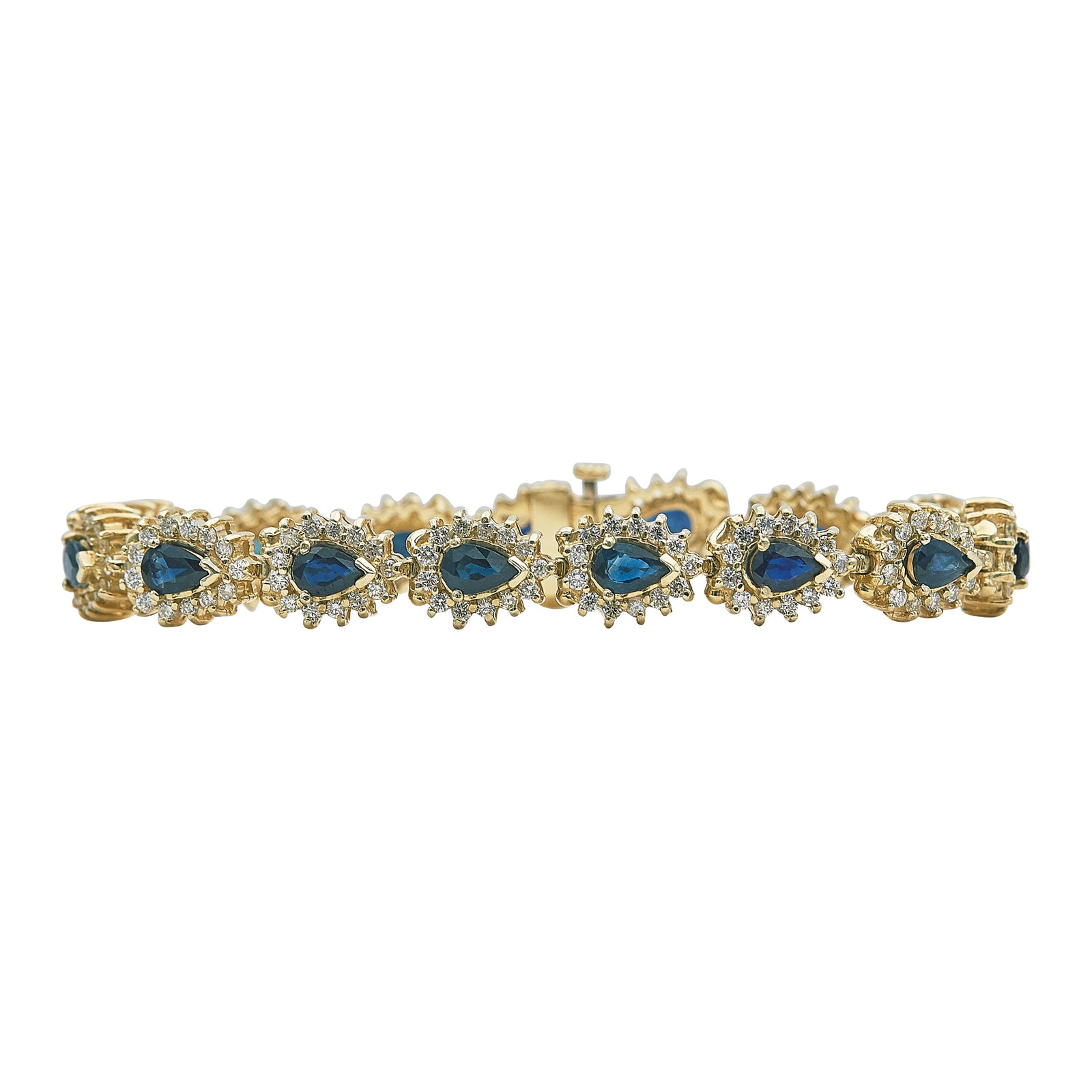14K Yellow Gold Sapphire and Diamond Link Bracelet: METAL: 14K Yellow Gold; APPROXIMATE TOTAL DIAMOND WEIGHT: 4 ctw; GEMSTONES: Sapphires approx. 6.25 mm x 4.00 mm; STAMPED: 14K; CONDITION: Pre-owned, Very Good; ITEM WEIGHT (GRAMS): 29.3 g; MEASUREMENT