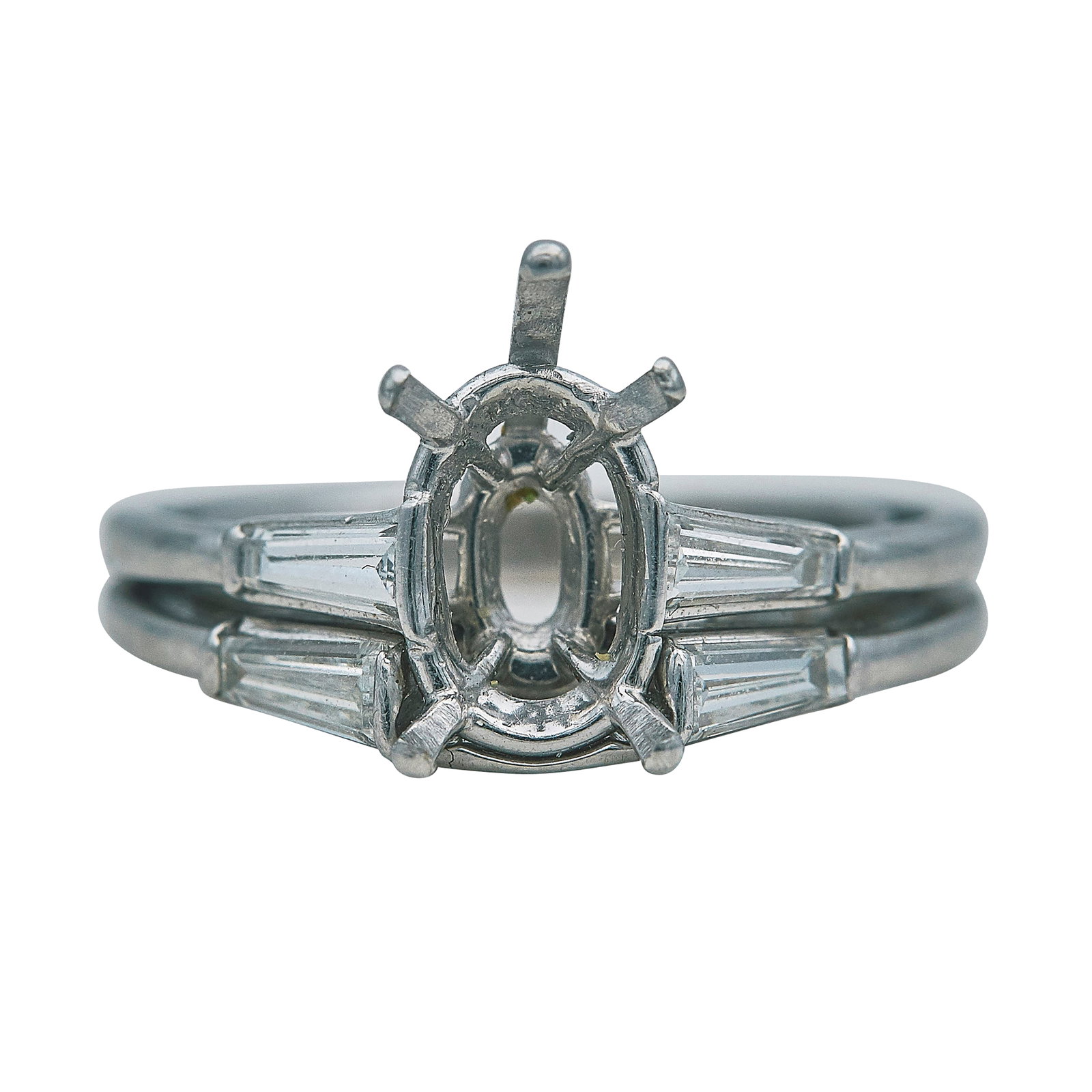 Platinum and Diamond Engagement Ring Setting: METAL: Platinum; APPROXIMATE TOTAL DIAMOND WEIGHT: 0.48 ctw; STAMPED: PLAT; CONDITION: Pre-owned, Good; ITEM WEIGHT (GRAMS): 7.2 g; MEASUREMENTS: Ring size 7 1/2 with butterfly sizer, Center will fit 