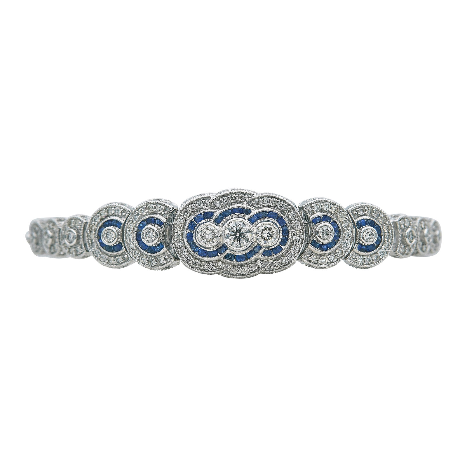 14K White Gold Diamond and Sapphire Bracelet: METAL: 14K White Gold; APPROXIMATE TOTAL DIAMOND WEIGHT: 2.04 ctw; GEMSTONES: Sapphire; STAMPED: 585, ABE, numbers; CONDITION: Pre-owned, Very Good; ITEM WEIGHT (GRAMS): 19.7 g; MEASUREMENTS: Bracelet