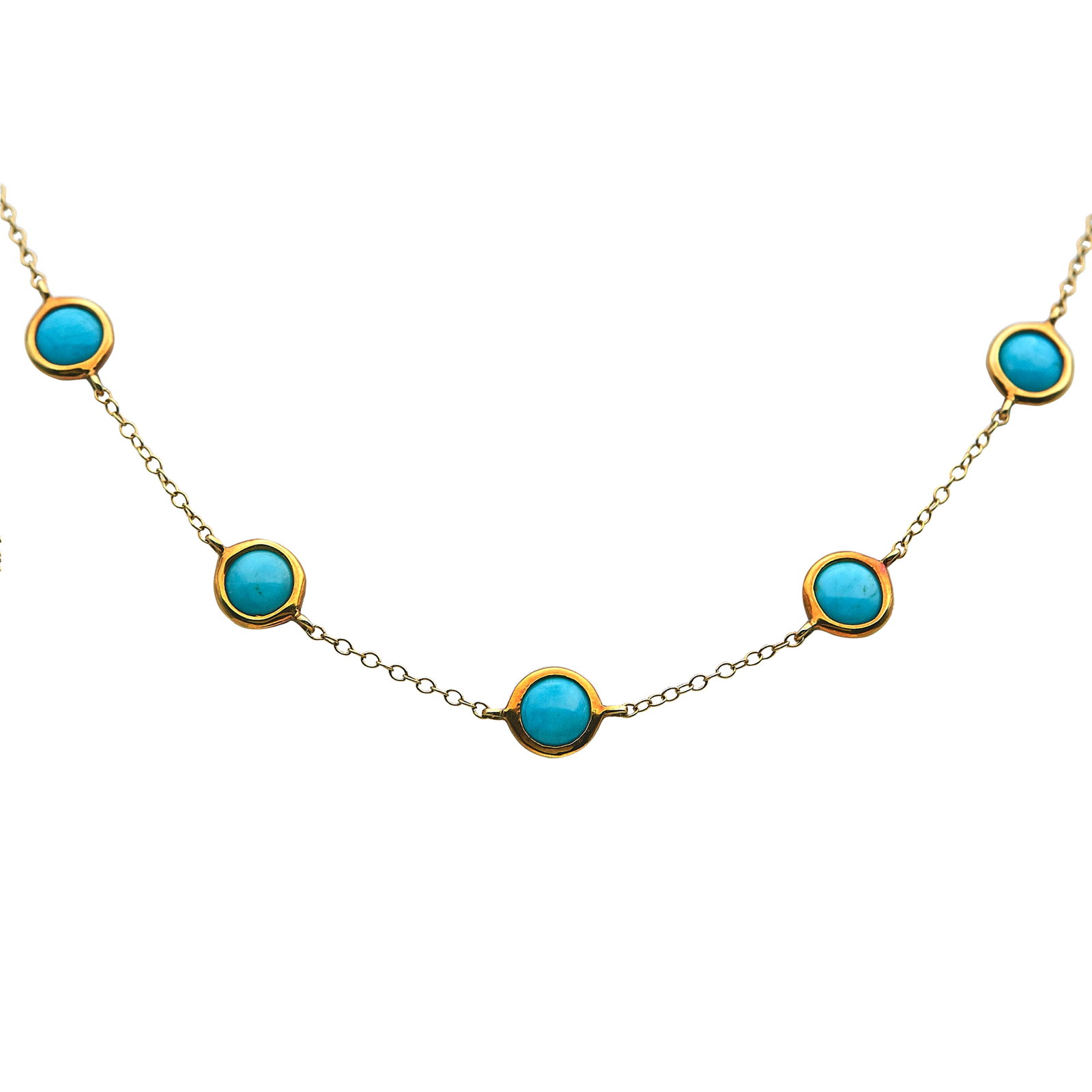 Ippolita 18K Yellow Gold and Cabochon Turquoise Station Necklace: BRAND: Ippolita; METAL: 18K Yellow Gold; GEMSTONES: Turquoise; STAMPED: IPPOLITA, 18K; CONDITION: Pre-owned, Very Good; ITEM WEIGHT (GRAMS): 10.17 g; MEASUREMENTS: Necklace 17 1/2 inches long
