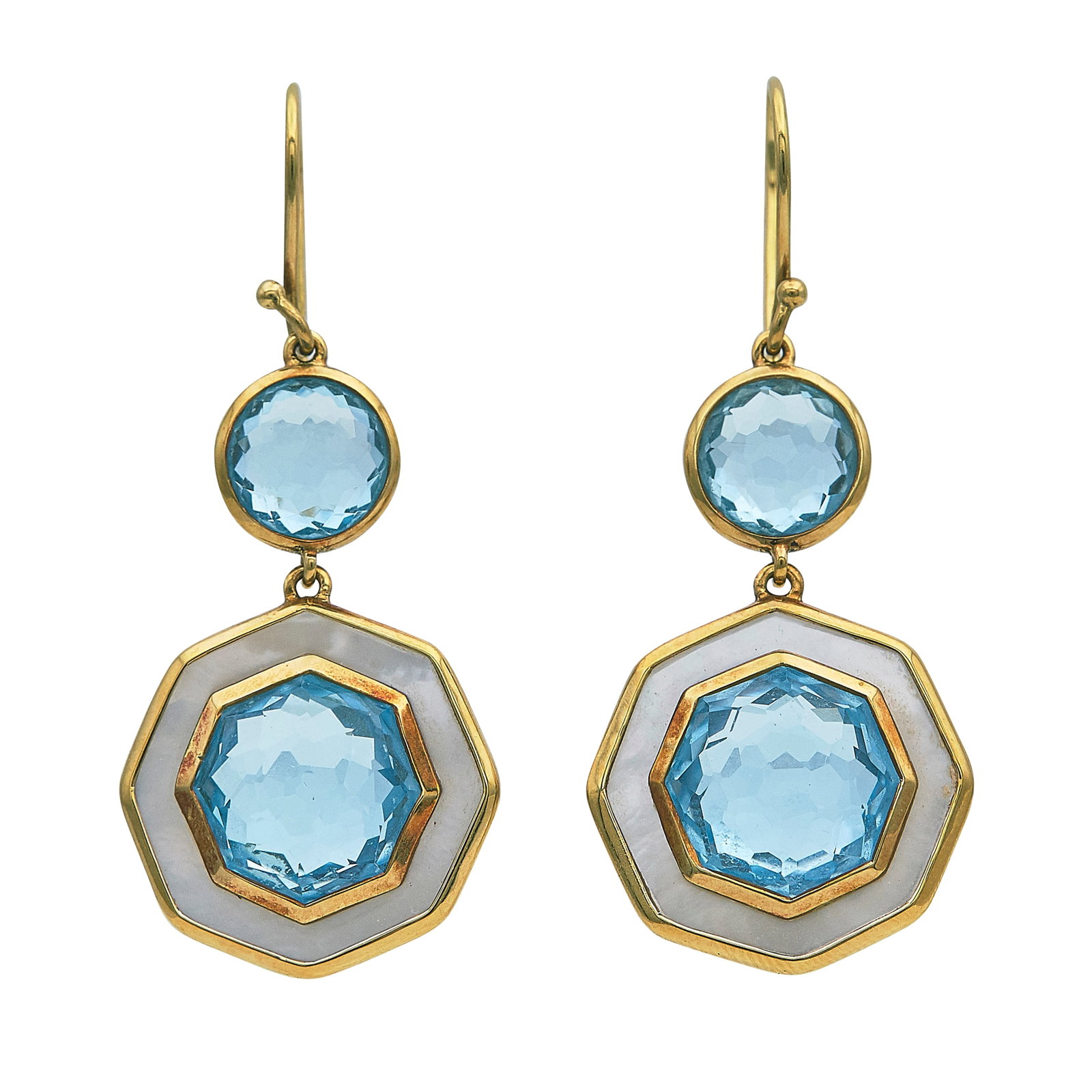 Ippolita 18K Yellow Gold Blue Topaz and Mother-of-Pearl Earrings: BRAND: Ippolita; METAL: 18K Yellow Gold; GEMSTONES: Blue Topaz, MOP; STAMPED: IPPOLITA, 18K; CONDITION: Pre-owned, Very Good; ITEM WEIGHT (GRAMS): 8.7 g; MEASUREMENTS: Earrings 1 3/4 inch long includi