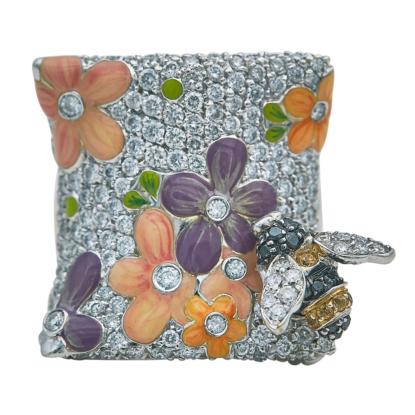 18K White Gold Diamond, Spinel, Yellow Sapphire, and Enamel Bumble Bee Flower Ring: METAL: 18K White Gold; APPROXIMATE TOTAL DIAMOND WEIGHT: 1.05 ctw; GEMSTONES: Spinel, Yellow Sapphire, Enamel; STAMPED: 750, Italian workshop mark; CONDITION: Pre-owned, Good; ITEM WEIGHT (GRAMS): 20.
