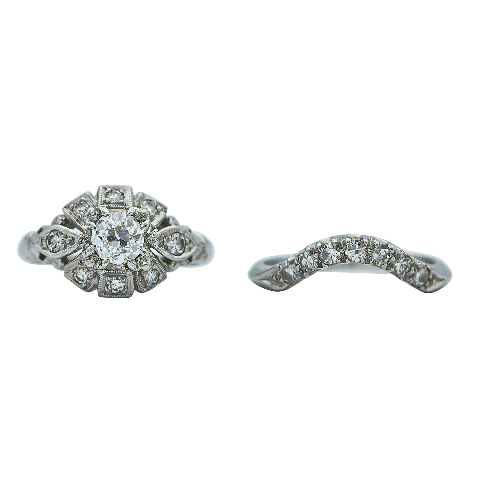 Platinum Old-European Cut and Single Cut Diamond Ring & Band Set (1 of 4)