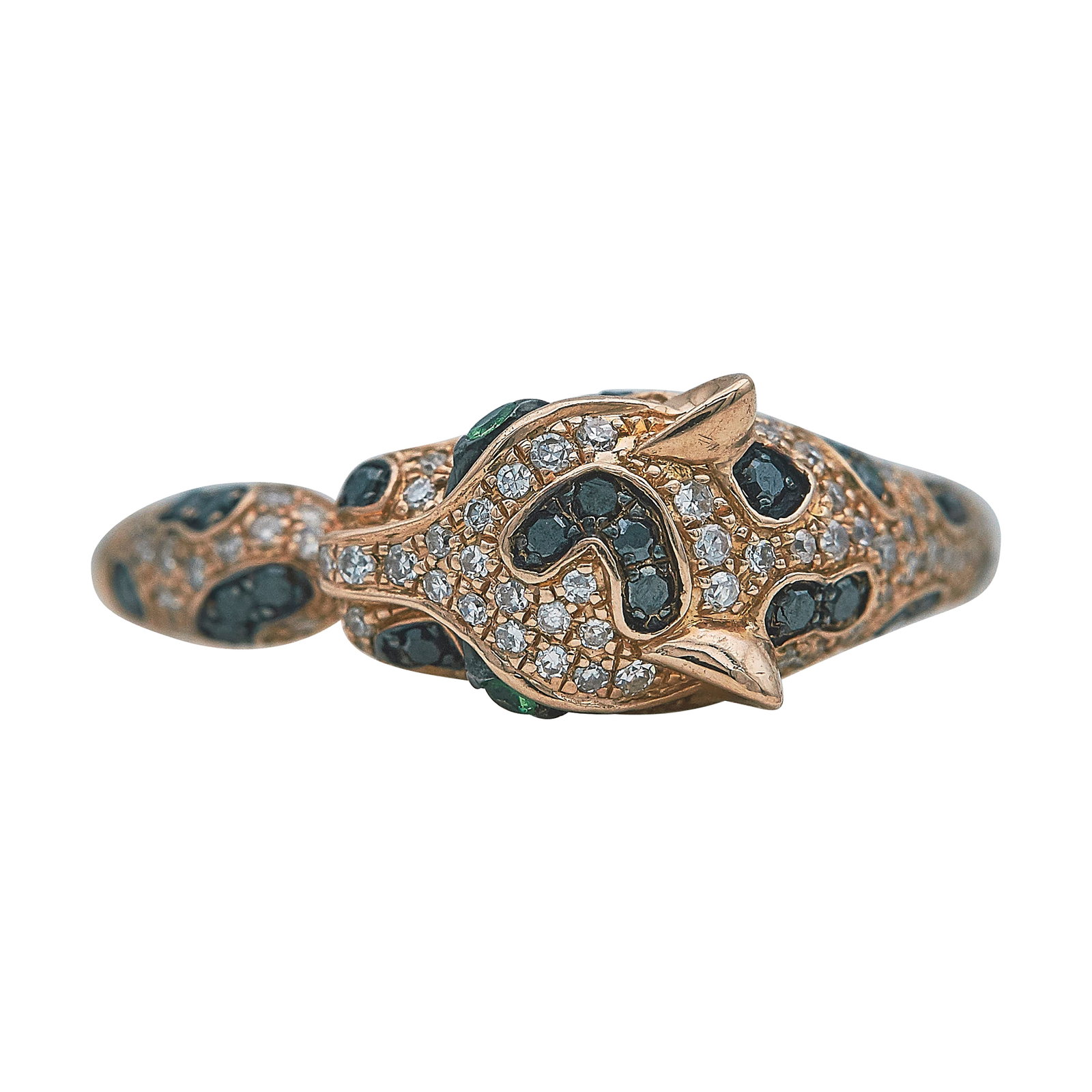 EFFY 14K Rose Gold Diamond and Tsavorite Panther Ring: BRAND: EFFY; METAL: 14K Rose Gold; APPROXIMATE TOTAL DIAMOND WEIGHT: 0.32 ctw; GEMSTONES: Black Diamonds total weight approx. 0.20 carats, Tsavorite total weight approx. 0.04; STAMPED: 14K, EFFY; COND