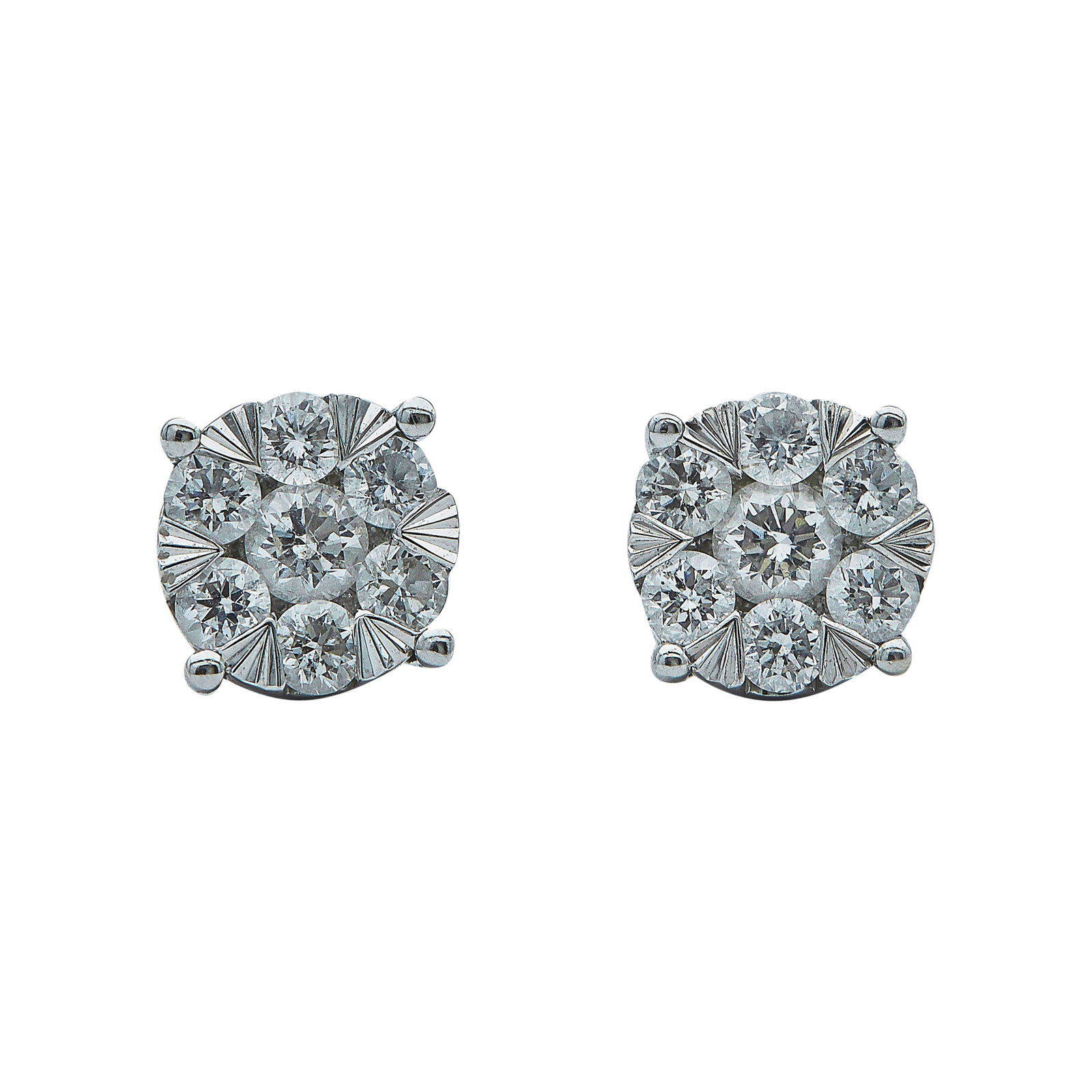 EFFY 14K White Gold and Diamond Cluster Stud Earrings: BRAND: EFFY; METAL: 14K White Gold; APPROXIMATE TOTAL DIAMOND WEIGHT: 0.68 ctw; STAMPED: 14K, EFFY; CONDITION: Pre-owned, Very Good; ITEM WEIGHT (GRAMS): 2.9 g; MEASUREMENTS: Earrings 1/4 inch in diam