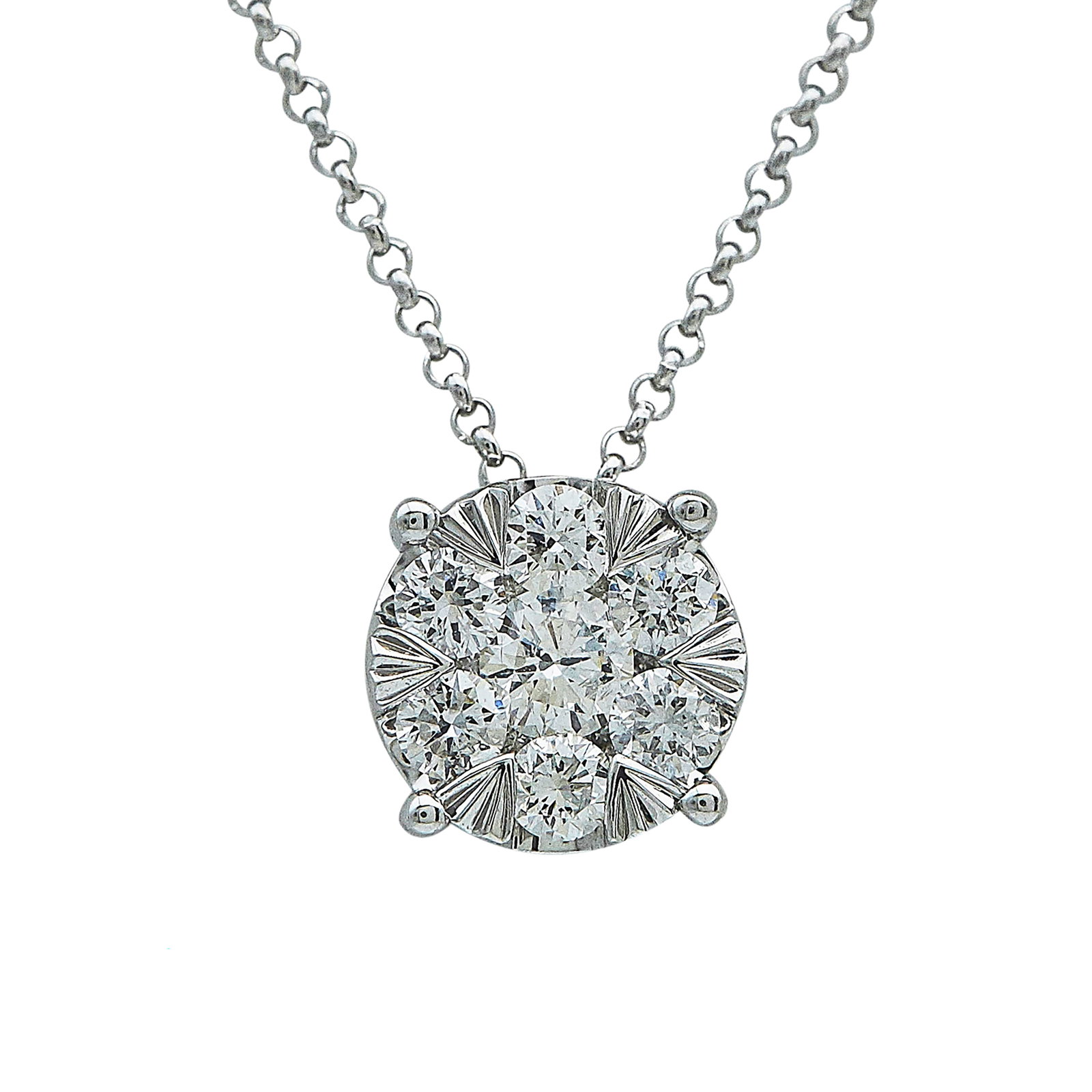 EFFY 14K White Gold and Diamond Cluster Pendant Necklace: BRAND: EFFY; METAL: 14K White Gold; APPROXIMATE TOTAL DIAMOND WEIGHT: 0.53 ctw; STAMPED: Clasp marked: 14K; Pendant marked: EFFY, 14K; CONDITION: Pre-owned, Very Good; ITEM WEIGHT (GRAMS): 3.4 g; MEAS
