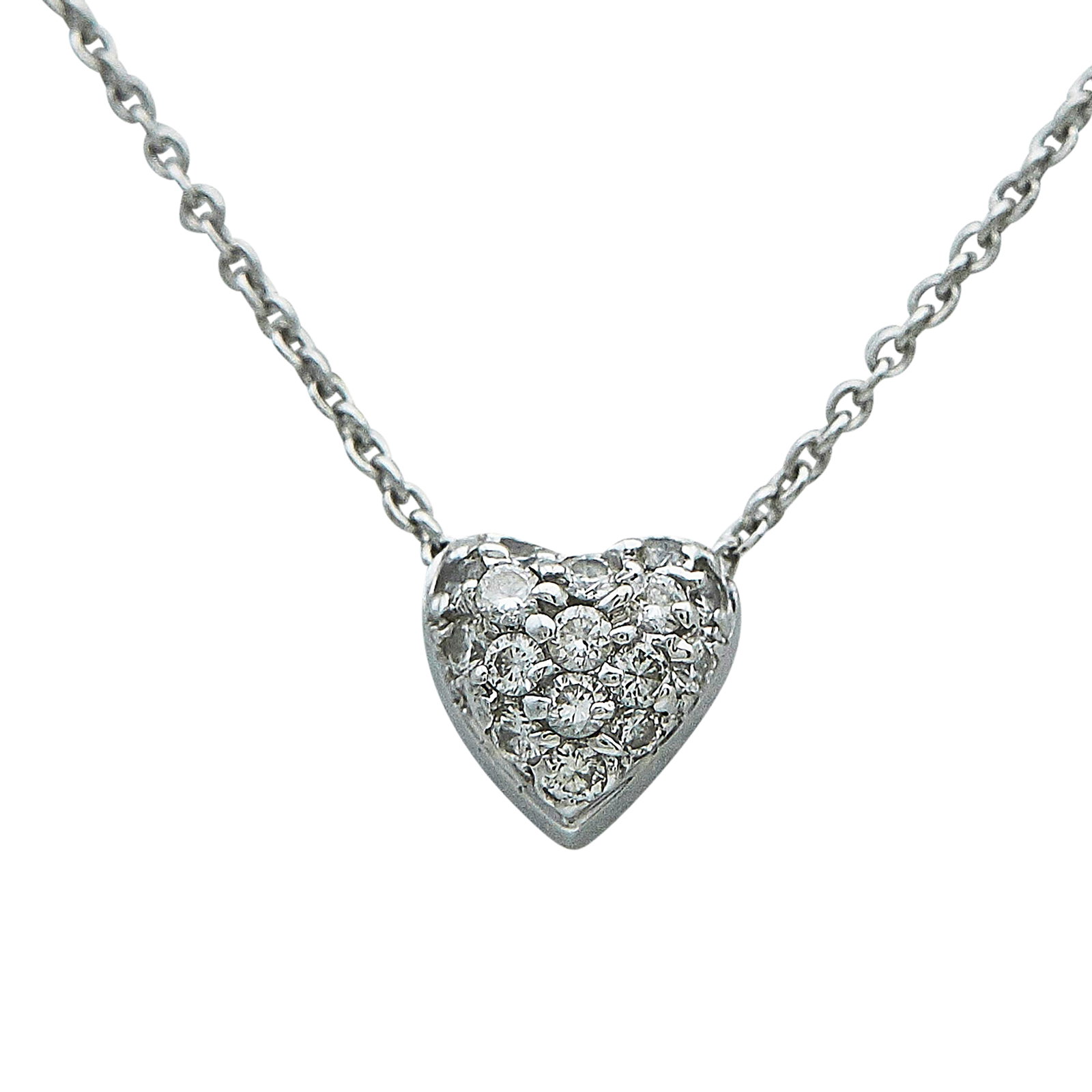 Roberto Coin Tiny Treasures 18K White Gold Diamond and Ruby Heart Pendant Necklace: BRAND: Roberto Coin; COLLECTION: Tiny Treasures; METAL: 18K White Gold; APPROXIMATE TOTAL DIAMOND WEIGHT: 0.15 ctw; GEMSTONES: Ruby; STAMPED: 18KT, Italian Workshop Mark, ITALY; CONDITION: Pre-owned, 