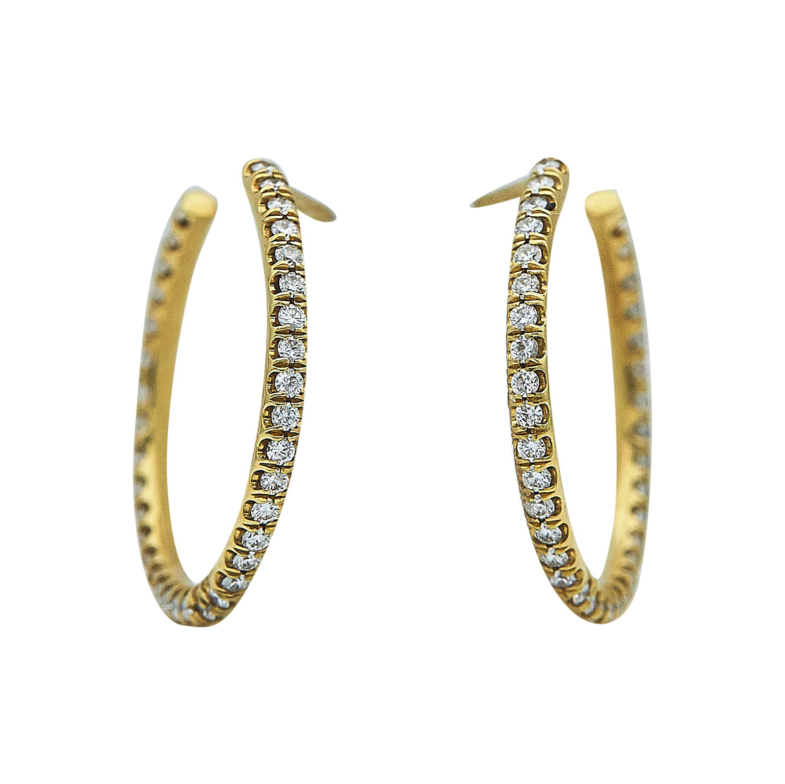18K Yellow Gold and Diamond Hoop Earrings: METAL: 18K Yellow Gold; APPROXIMATE TOTAL DIAMOND WEIGHT: 0.36 ctw; STAMPED: 750; TESTED: 18K Yellow Gold; CONDITION: Pre-owned, Very Good; ITEM WEIGHT (GRAMS): 3.5 g; MEASUREMENTS: Earrings 3/4 inch 