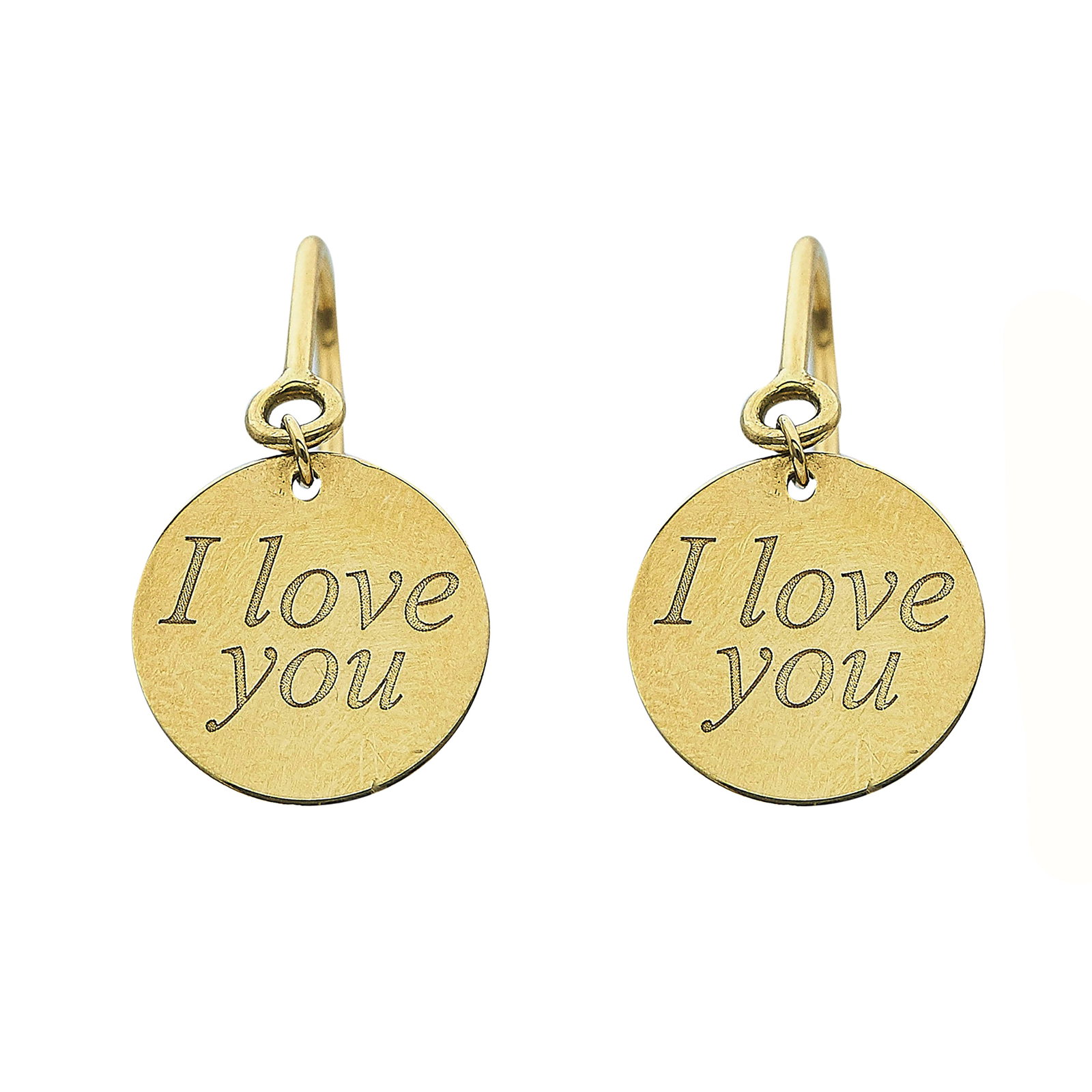 Roberto Coin 18K Yellow Gold and Ruby "I Love You" Drop Earrings: BRAND: Roberto Coin; METAL: 18K Yellow Gold; GEMSTONES: Ruby; STAMPED: Italian Workshop Mark, Italy, 18K; CONDITION: Pre-owned, Good; ITEM WEIGHT (GRAMS): 2.3 g; MEASUREMENTS: Earrings 1 inch long wit