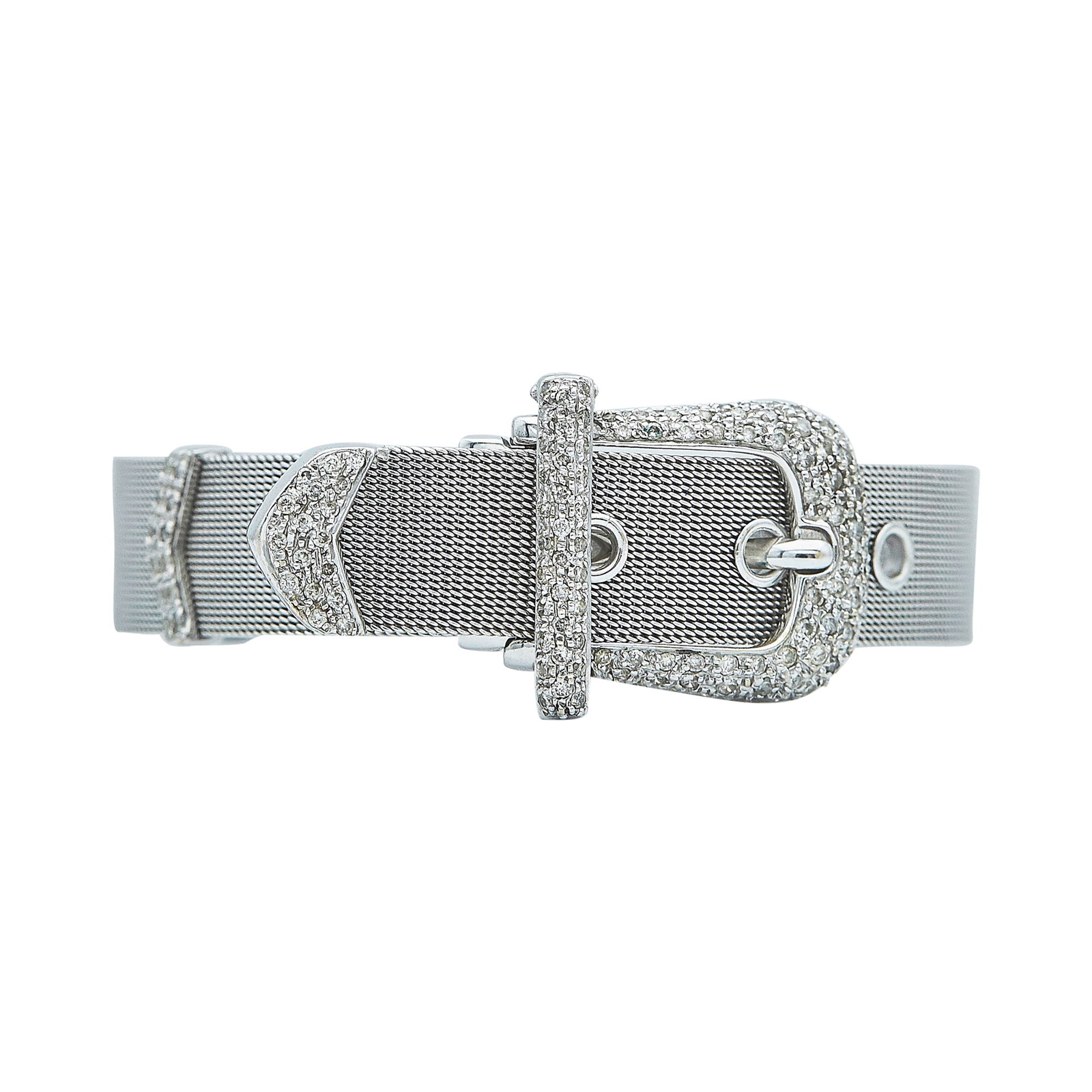 18K White Gold and Diamond Buckle Belt Bracelet: METAL: 18K White Gold; APPROXIMATE TOTAL DIAMOND WEIGHT: 1.60 ctw; STAMPED: 18K, 750, Italy, Maker's Mark, D1.60; CONDITION: Pre-owned, Very Good; ITEM WEIGHT (GRAMS): 39.1 g; MEASUREMENTS: Bracelet 8
