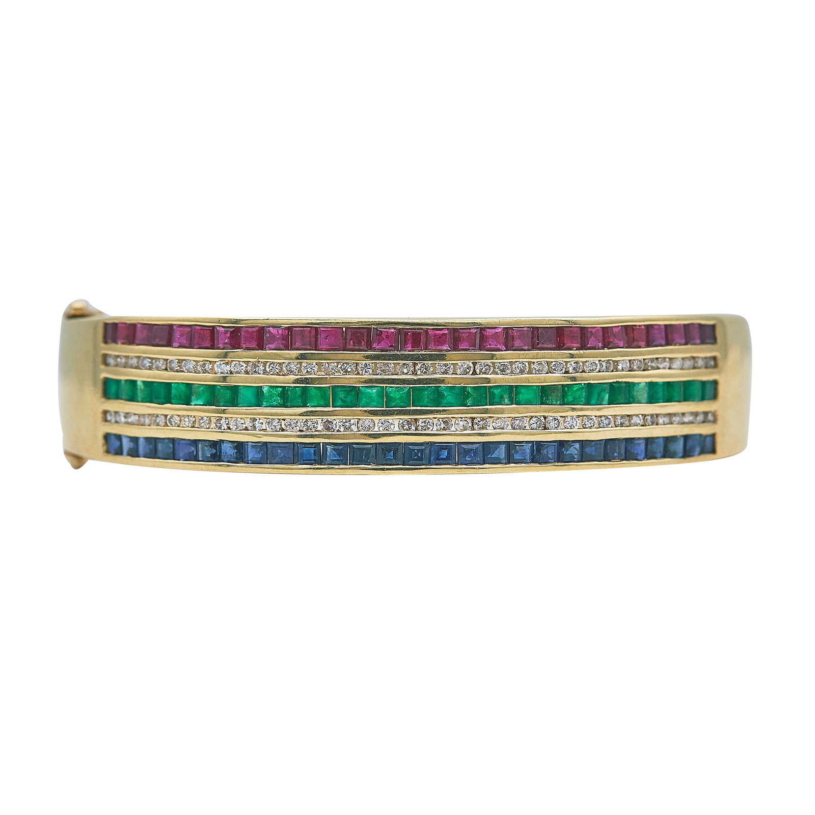 14K Yellow Gold Diamond, Ruby, Sapphire, and Emerald Channel Set Bangle Bracelet: METAL: 14K Yellow Gold; APPROXIMATE TOTAL DIAMOND WEIGHT: 1.11 ctw; GEMSTONES: Ruby, Sapphire, and Emerald; STAMPED: DS, 14K, 585; CONDITION: Pre-owned, Very Good; ITEM WEIGHT (GRAMS): 31.7 g; MEASURE