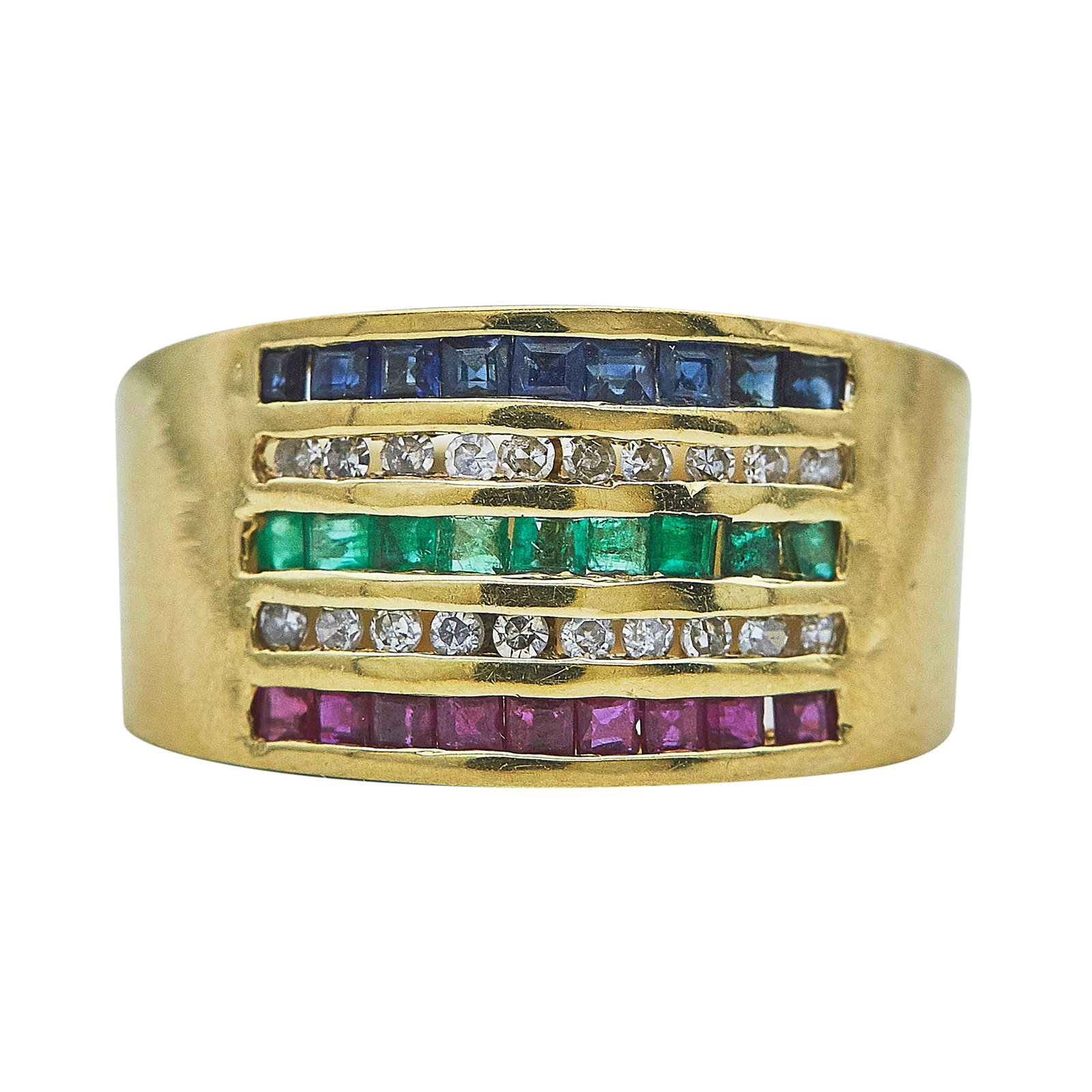 14K Yellow Gold Diamond, Ruby, Sapphire, and Emerald Channel Set Ring (1 of 3)