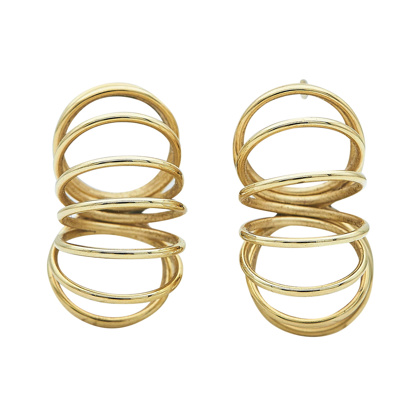 14K Yellow Gold Coil Circle Earrings: METAL: 14K Yellow Gold; STAMPED: Backs marked: 14K; TESTED: 14K Yellow Gold; CONDITION: Pre-owned, Good; ITEM WEIGHT (GRAMS): 6.5 g; MEASUREMENTS: Earrings 1 1/8 inch long x 5/8 inch wide; ADDITIONAL 