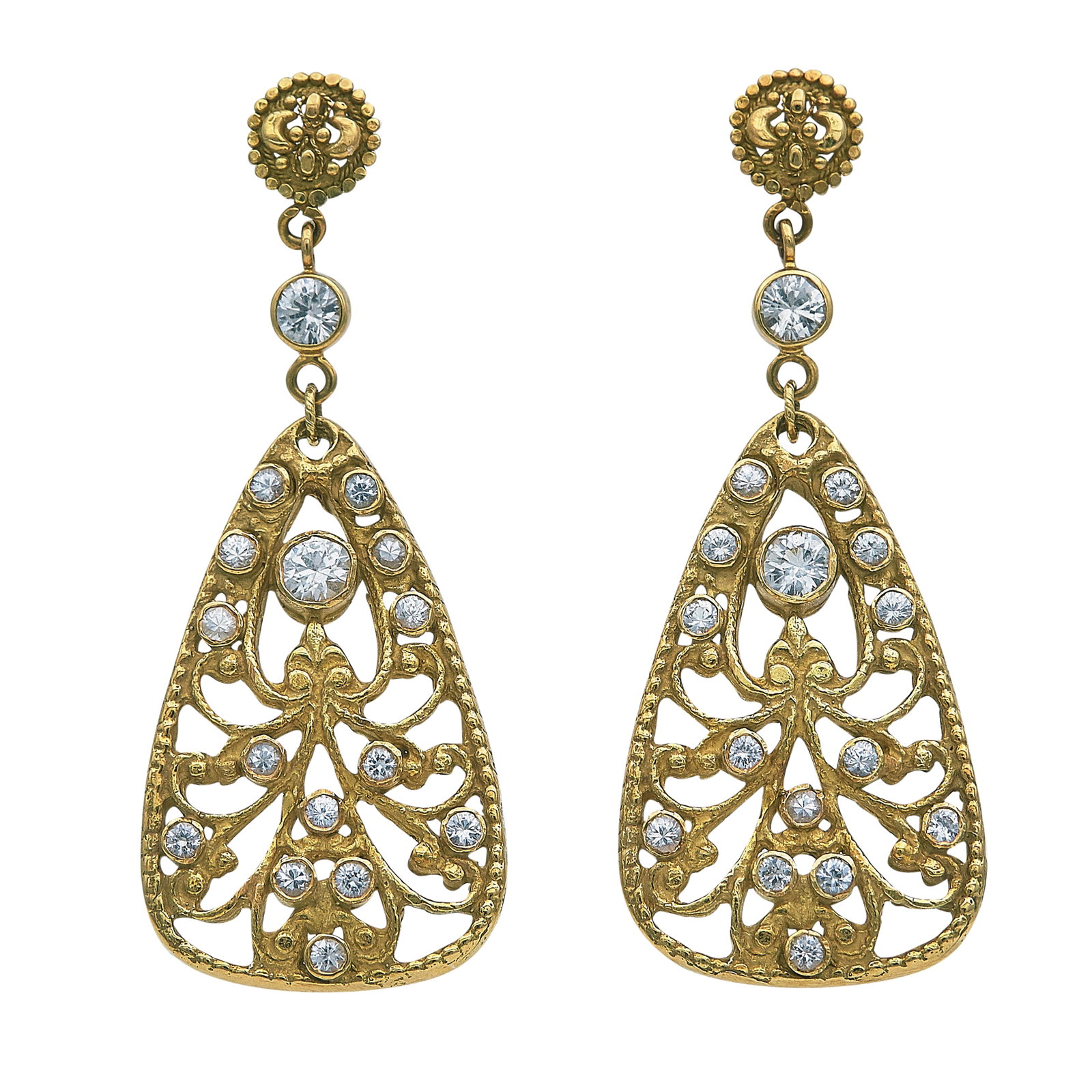18K Yellow Gold and White Sapphire Openwork Pendant Earrings (1 of 3)