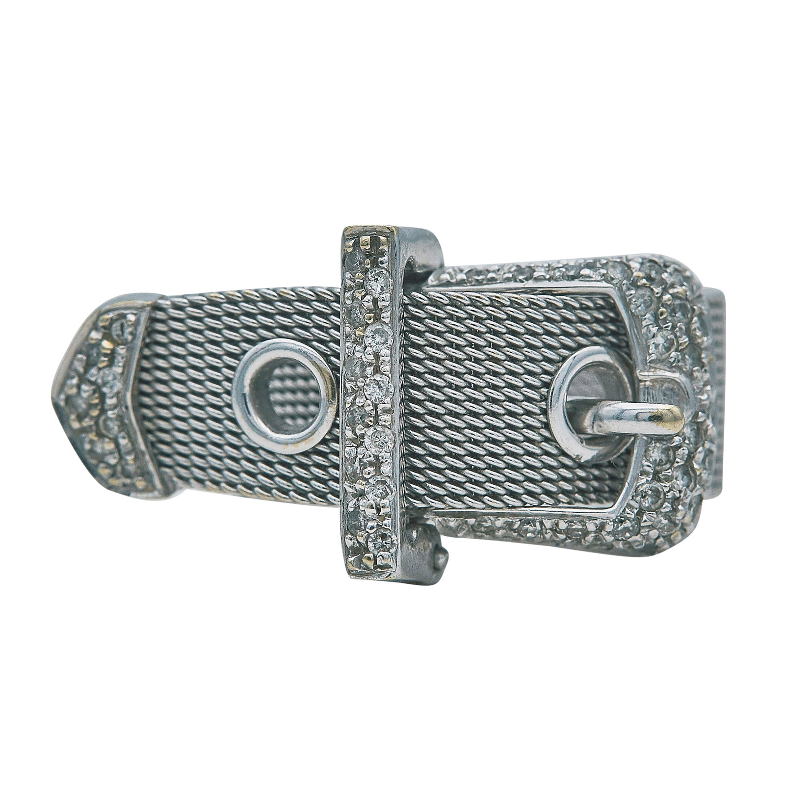 18K White Gold and Diamond Buckle Ring: METAL: 18K White Gold; APPROXIMATE TOTAL DIAMOND WEIGHT: 0.35 ctw; STAMPED: 18K, 750, Italy, D0.35; CONDITION: Pre-owned, Very Good; ITEM WEIGHT (GRAMS): 9.8 g; MEASUREMENTS: Ring size 7 1/2