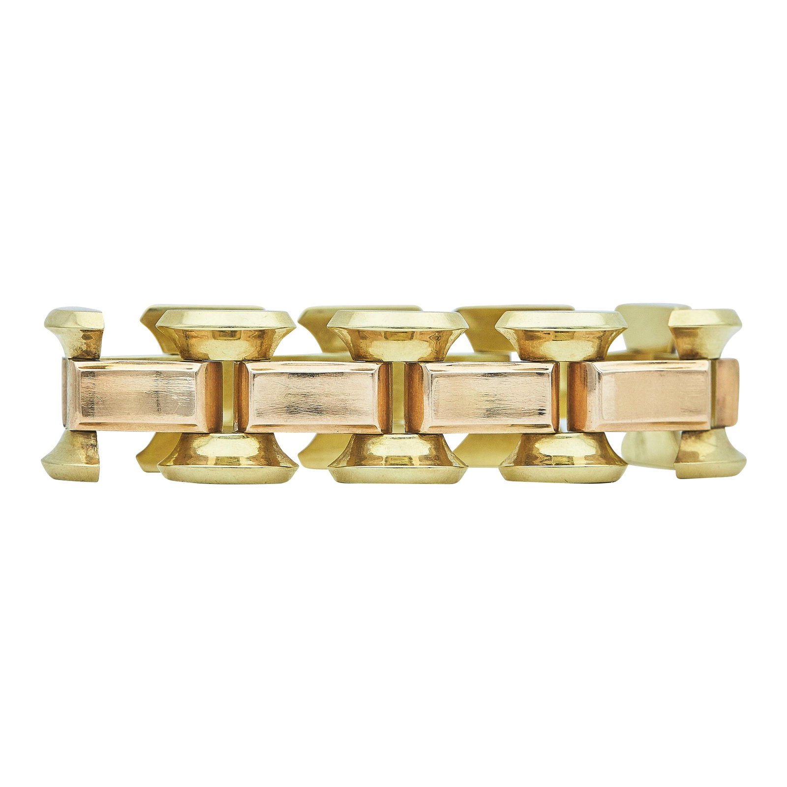 Retro 14K Yellow and Rose Gold Tank Bracelet: METAL: 14K Yellow Gold/Rose Gold; STAMPED: 585, ELMA; CONDITION: Pre-owned, Very Good; ITEM WEIGHT (GRAMS): 32 g; MEASUREMENTS: Bracelet 7 1/2 inches long x 14/16 inch wide; ADDITIONAL COMMENTS: A few