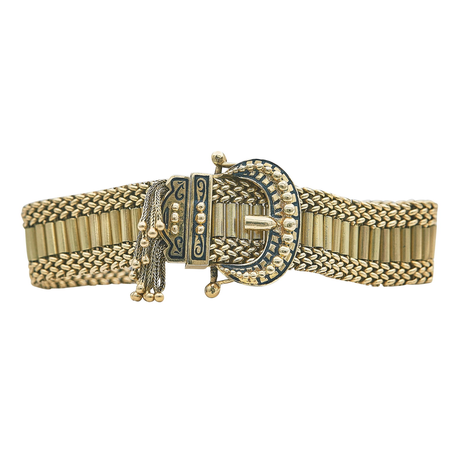 Retro Victorian Revival 14K Yellow Gold and Enamel Adjustable Buckle Bracelet: METAL: 14K Yellow Gold; GEMSTONES: Enamel; STAMPED: 14K; CONDITION: Pre-owned, Very Good; ITEM WEIGHT (GRAMS): 54 g; MEASUREMENTS: Bracelet approx. 8 inches in circumference x 1 inch wide; ADDITIONAL 