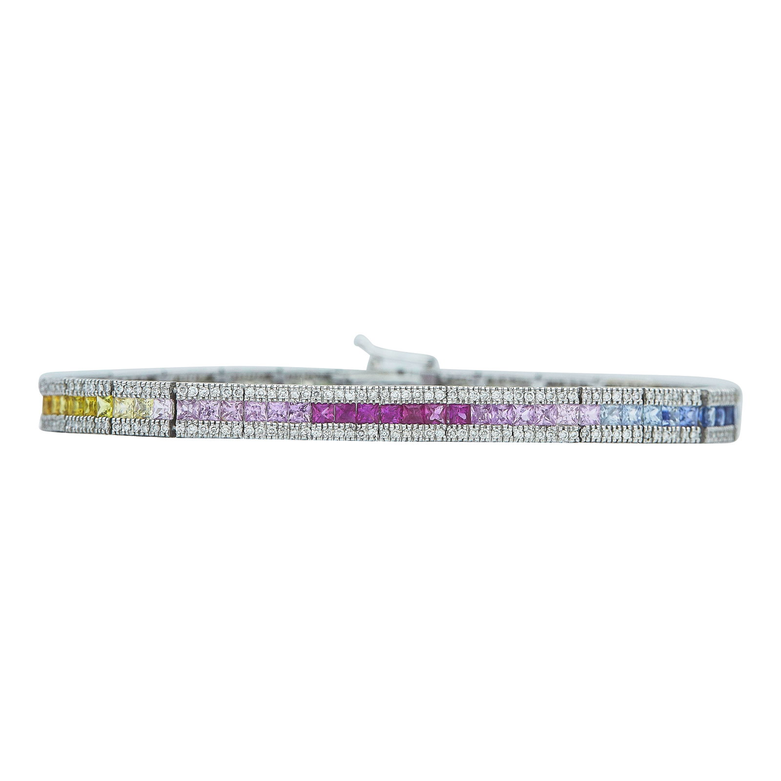 14K White Gold, Multi-Colored Sapphire and Diamond Line Bracelet: METAL: 14K White Gold; APPROXIMATE TOTAL DIAMOND WEIGHT: 1.56 ctw; GEMSTONES: Multi-Colored Sapphire; STAMPED: 14K, rubbed maker's mark; CONDITION: Pre-owned, Very Good; ITEM WEIGHT (GRAMS): 15.5 g; M