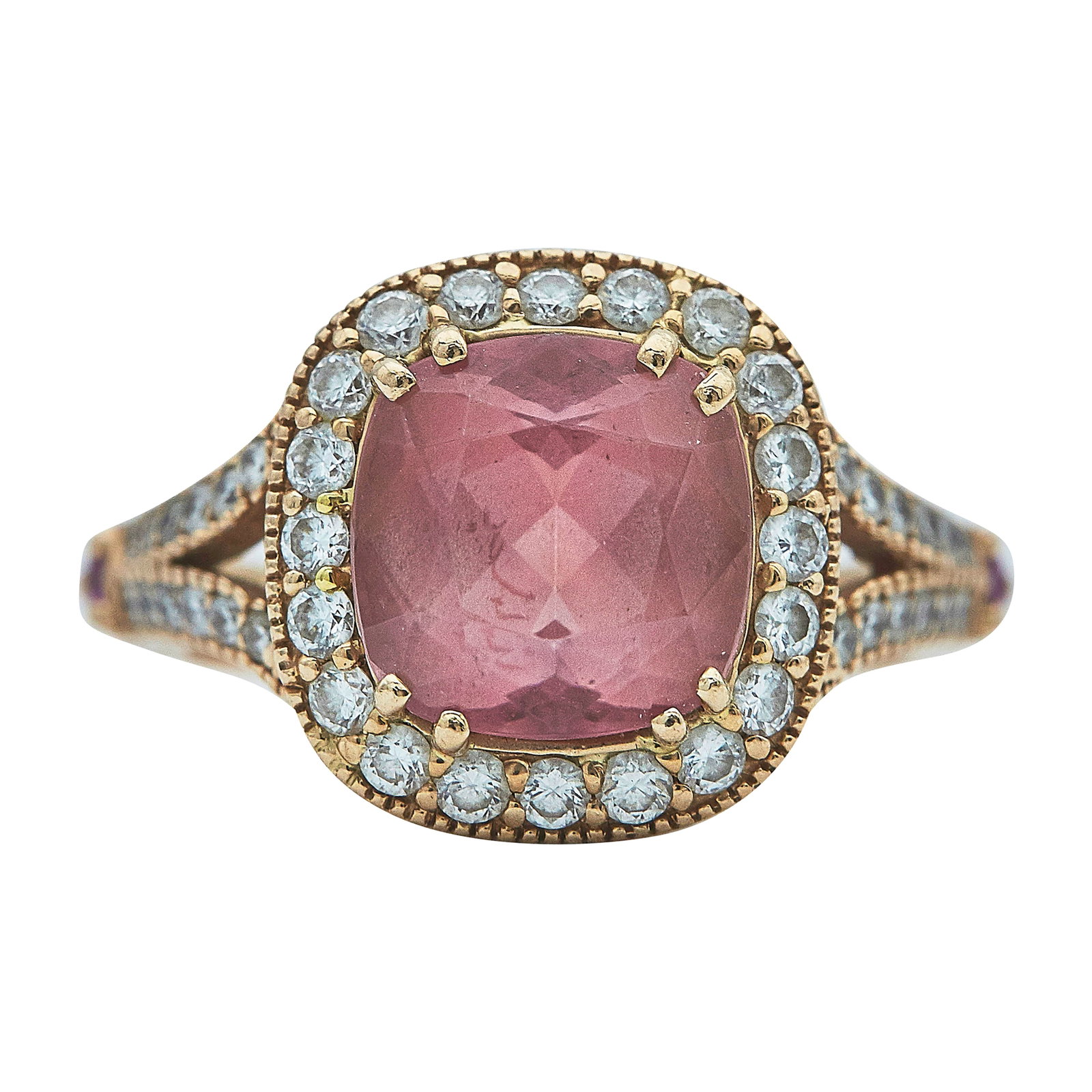 14K Rose Gold, Tourmaline, and Diamond Ring: METAL: 14K Rose Gold; APPROXIMATE TOTAL DIAMOND WEIGHT: 0.80 ctw; GEMSTONES: Tourmaline approx. 3.21 carats. Weight estimated by formula; STAMPED: numbered, CHRISTOPHER, 14K; CONDITION: Pre-owned, Ver