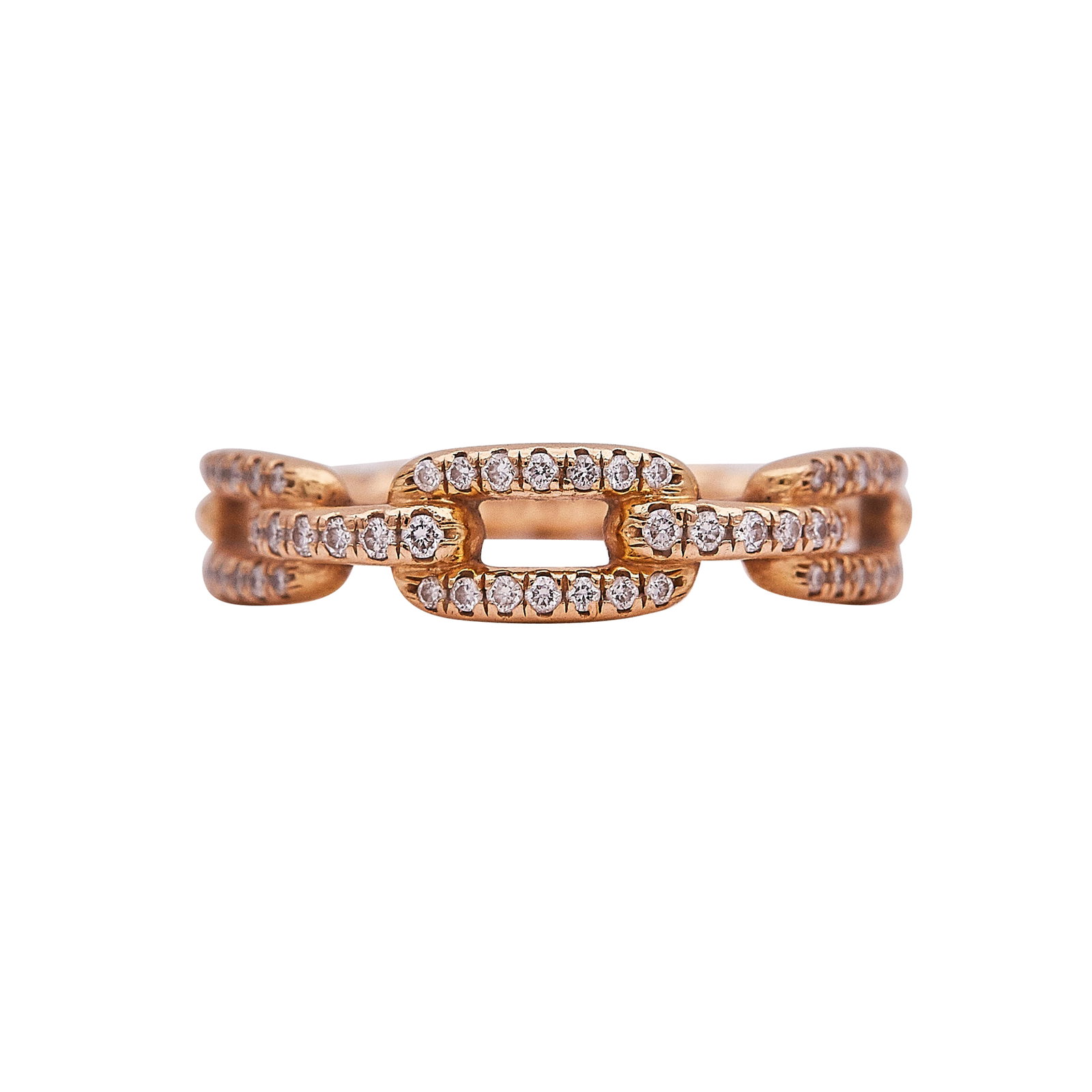 David Yurman Stax 18K Rose Gold and Diamond Chain Link Ring: BRAND: David Yurman; METAL: 18K Rose Gold; APPROXIMATE TOTAL DIAMOND WEIGHT: 0.14 ctw; STAMPED: D.Y. 750; CONDITION: Pre-owned, Good; ITEM WEIGHT (GRAMS): 3.11 g; MEASUREMENTS: Ring size 5.75