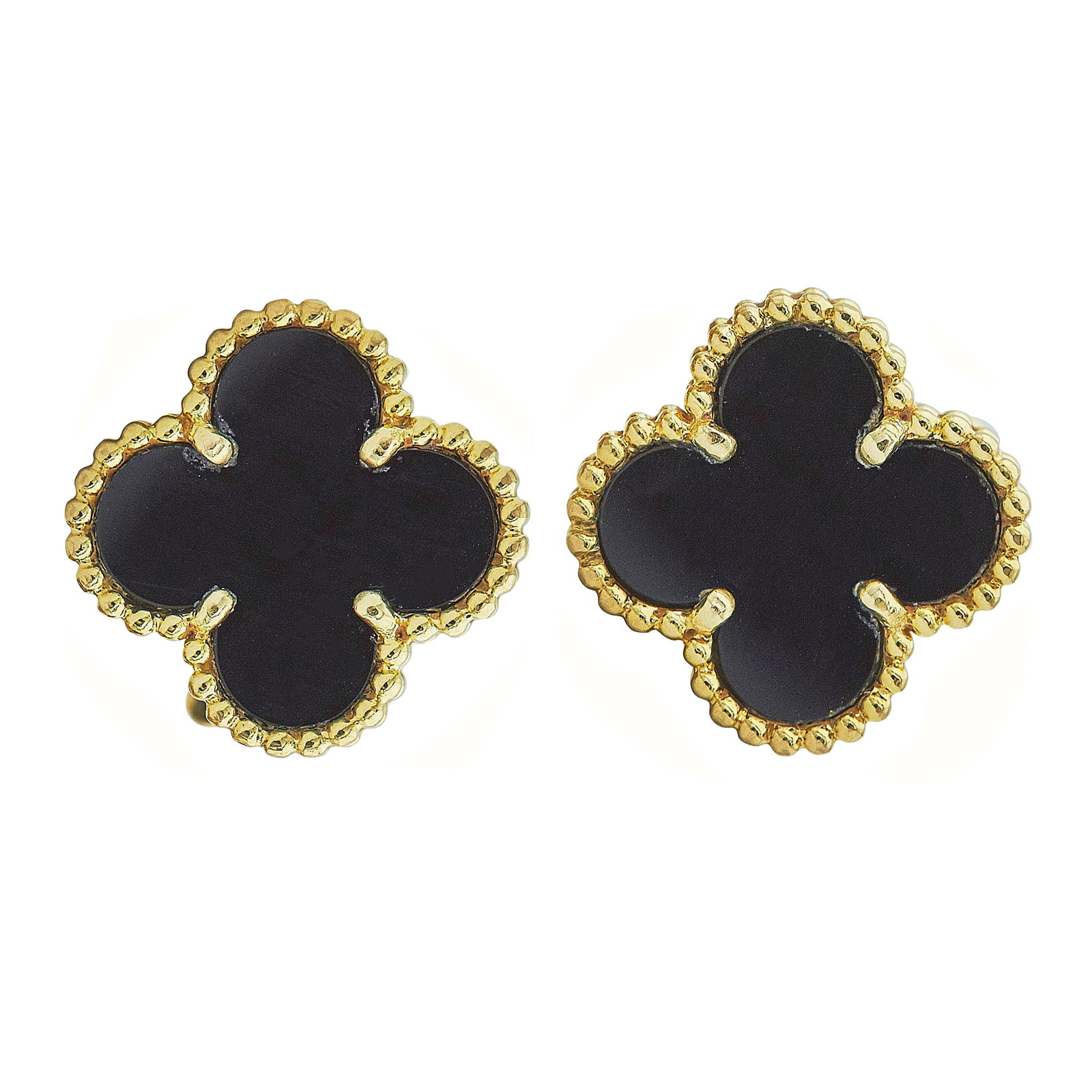 Van Cleef & Arpels Vintage Alhambra 18K Yellow Gold and Onyx Earrings: BRAND: VCA; COLLECTION: Alhambra (Vintage); METAL: 18K Yellow Gold; GEMSTONES: Onyx; STAMPED: VCA, Au750, serial number, French marks; CONDITION: Pre-owned, Good; ITEM WEIGHT (GRAMS): 6.9 g; MEASUREME